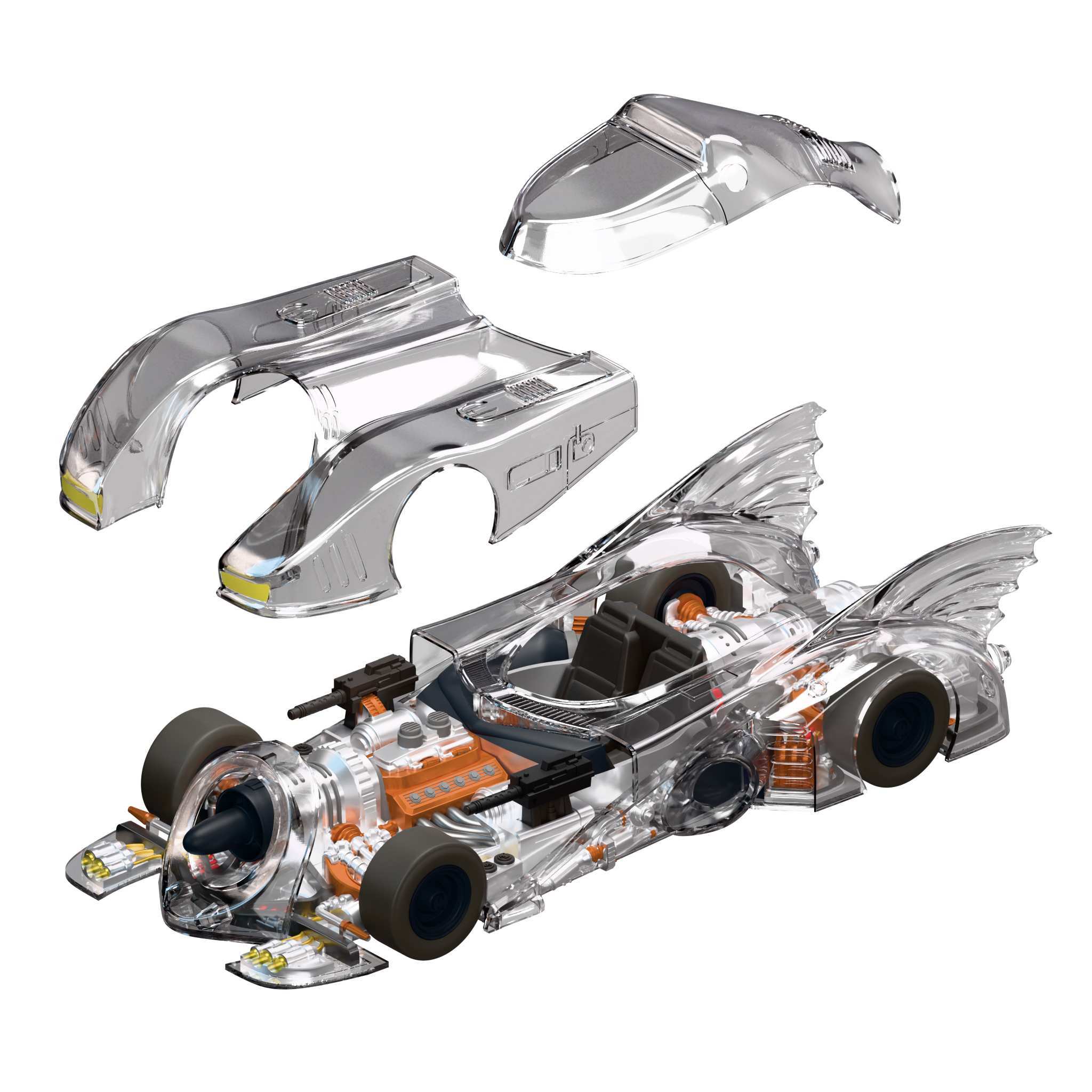 Clear Batmobile 1989 model with removable body panels and visible interior components