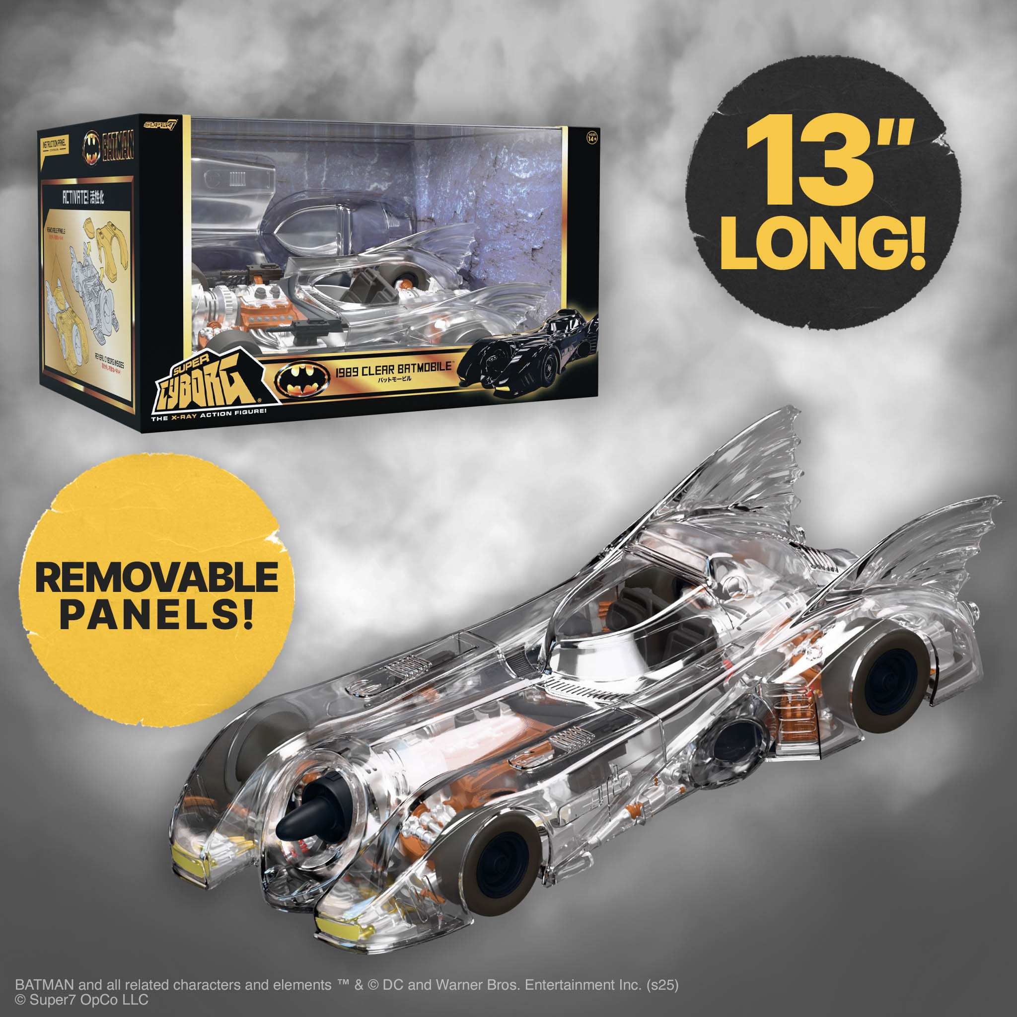 Batman Super Cyborg 1989 Clear Batmobile with removable panels, 13 inches long