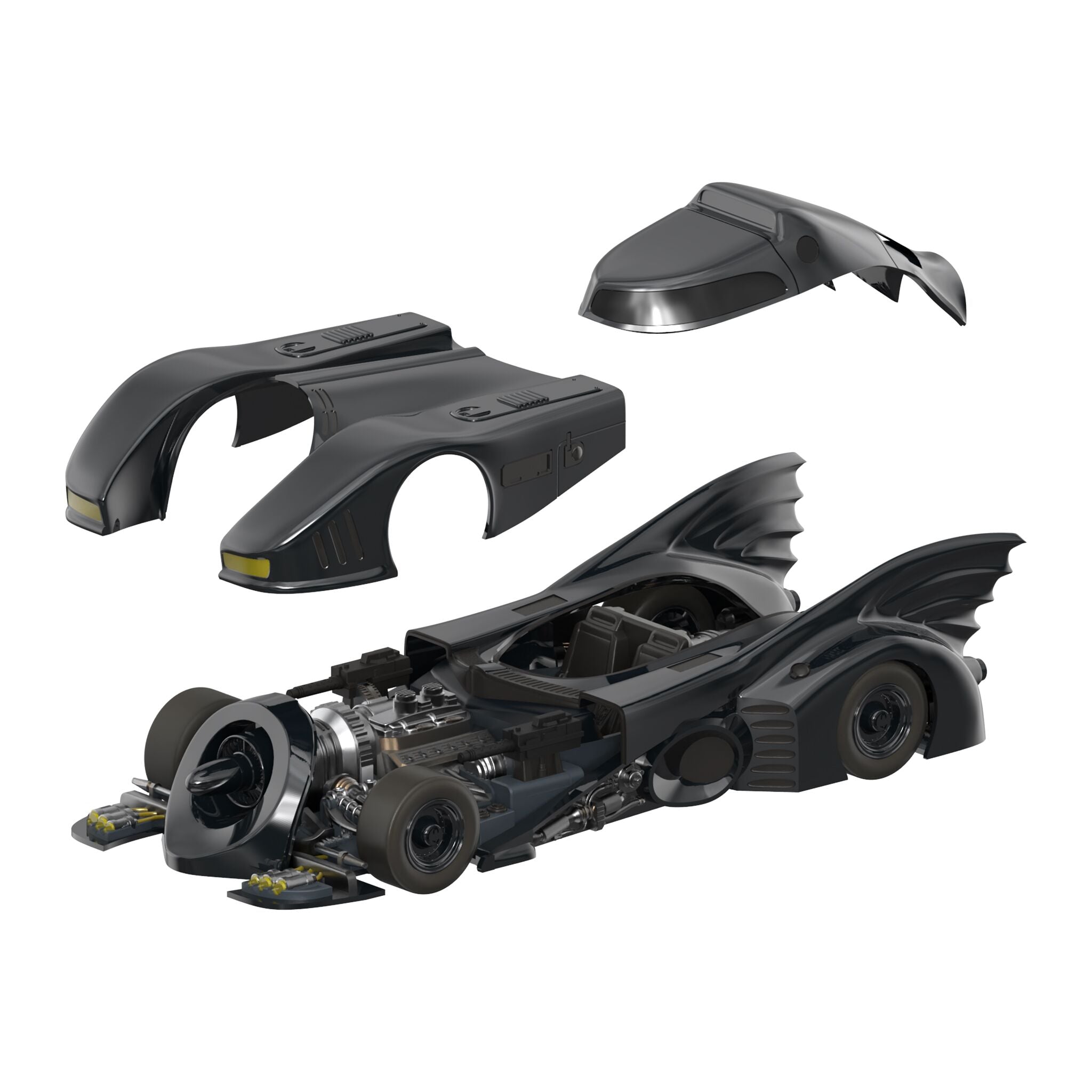 Partially assembled Batman Super Cyborg Batmobile body pieces in dark gray finish
