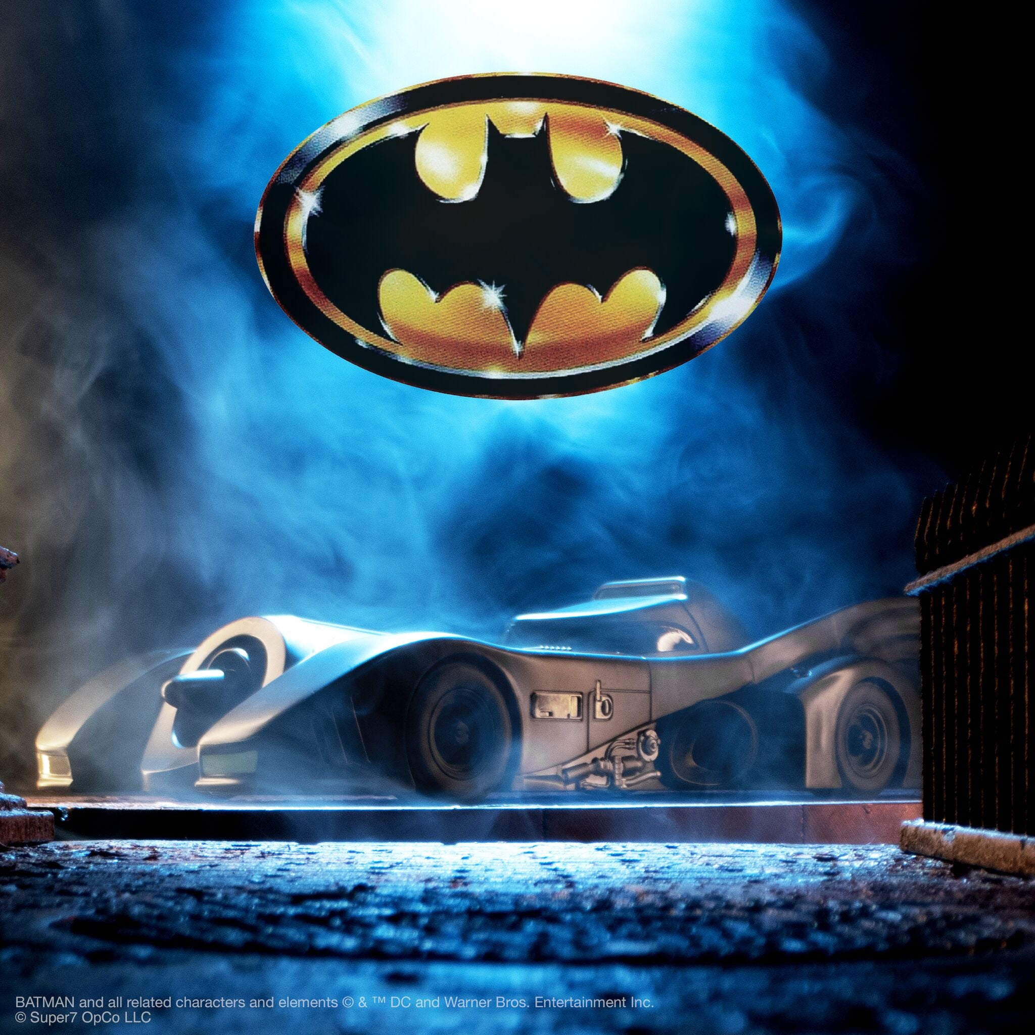 Batman Super Cyborg Batmobile 1989 with a large Batman logo above it