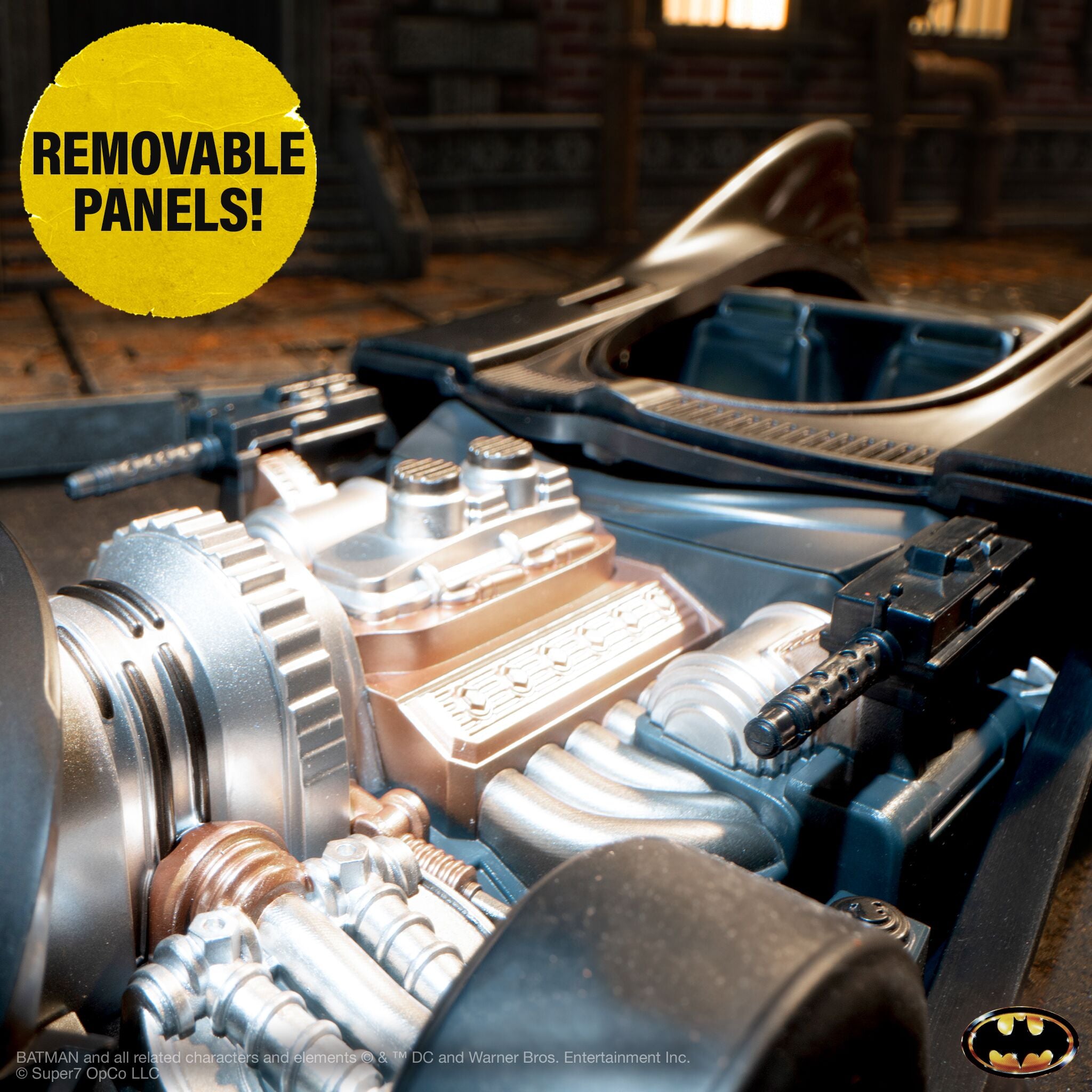 Batman Super Cyborg Batmobile 1989 with removable panels, showing detailed engine and weaponry