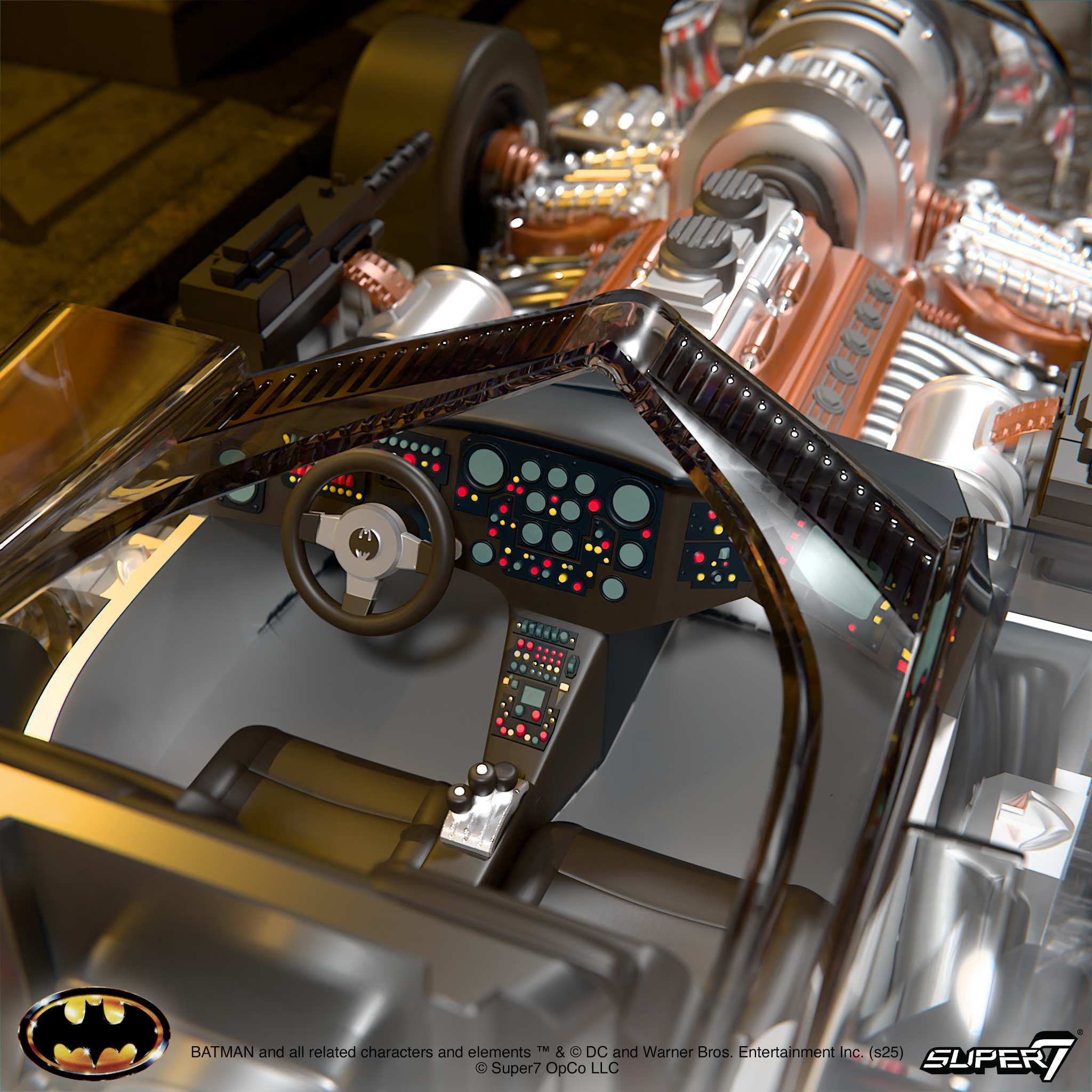 Batmobile 1989 Super Cyborg interior with detailed dashboard, steering wheel, and visible engine components