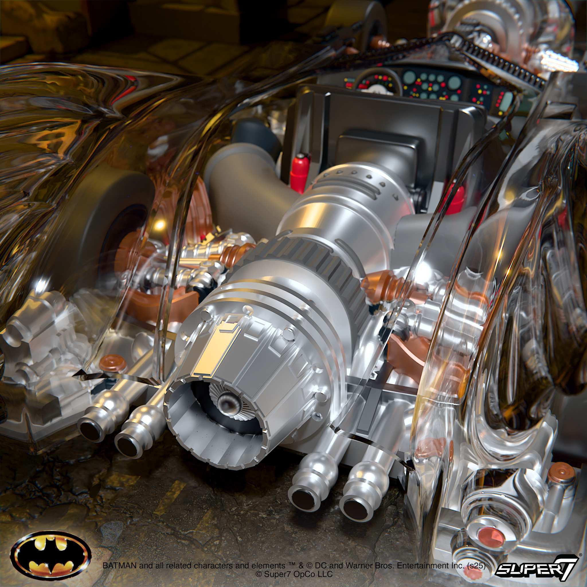 Close-up of the Batmobile's engine and transparent body, showing intricate silver and copper components