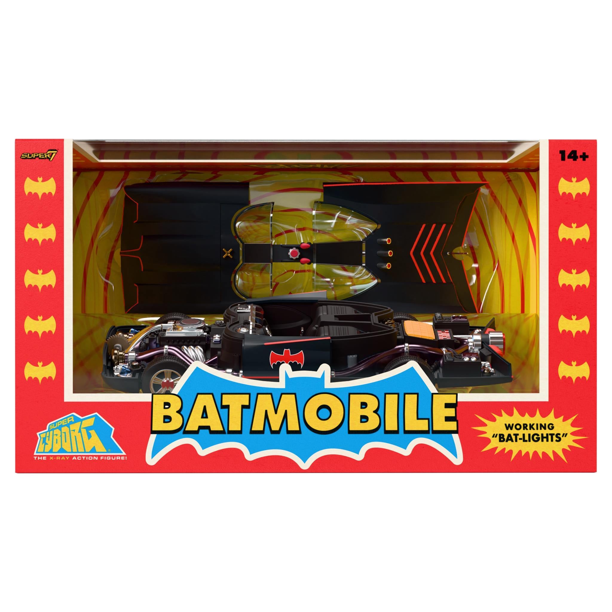 Box packaging for Batman Super Cyborg Classic TV Series Batmobile with bold Batman logo
