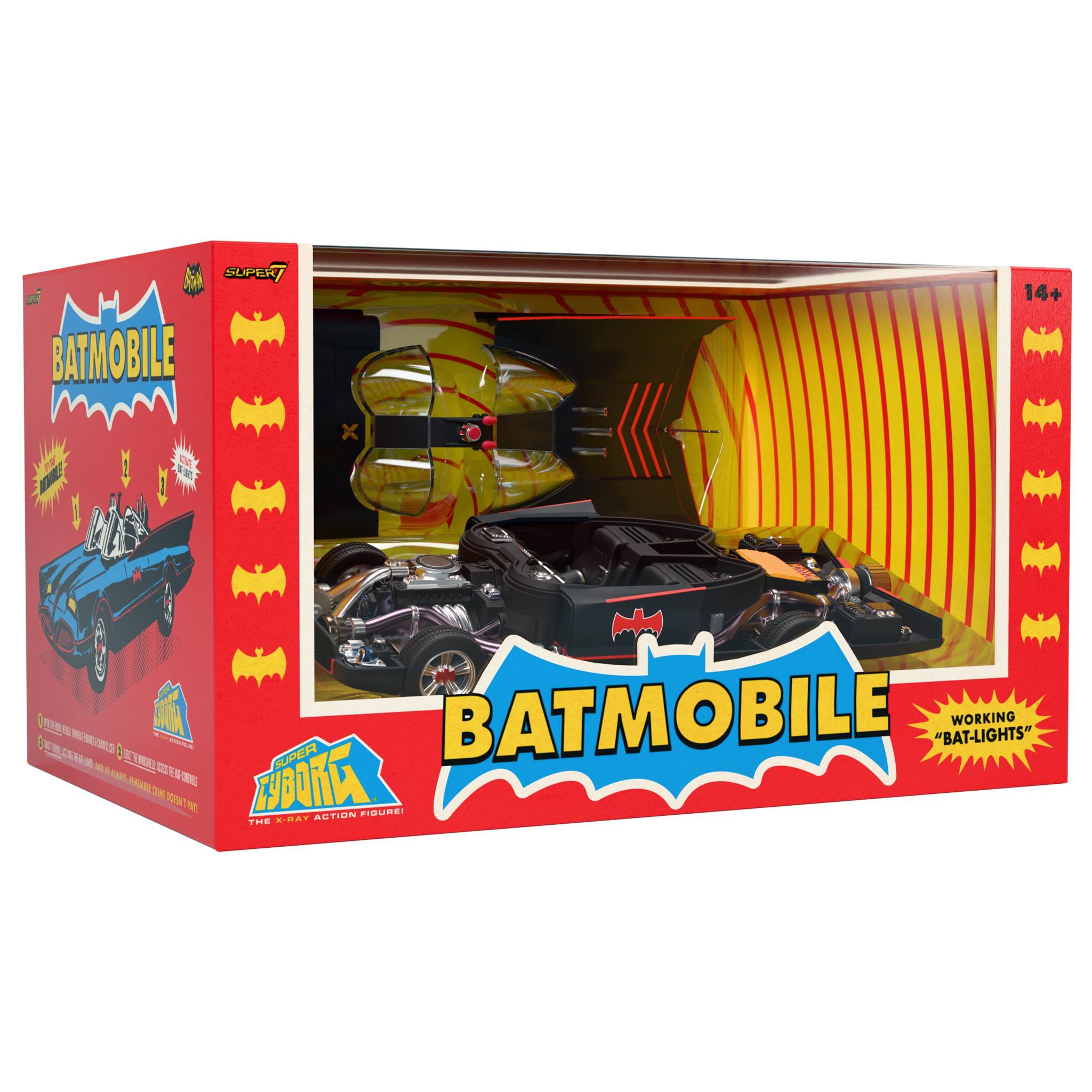 Red box packaging for Batman Super Cyborg Batmobile with a window showing the toy inside