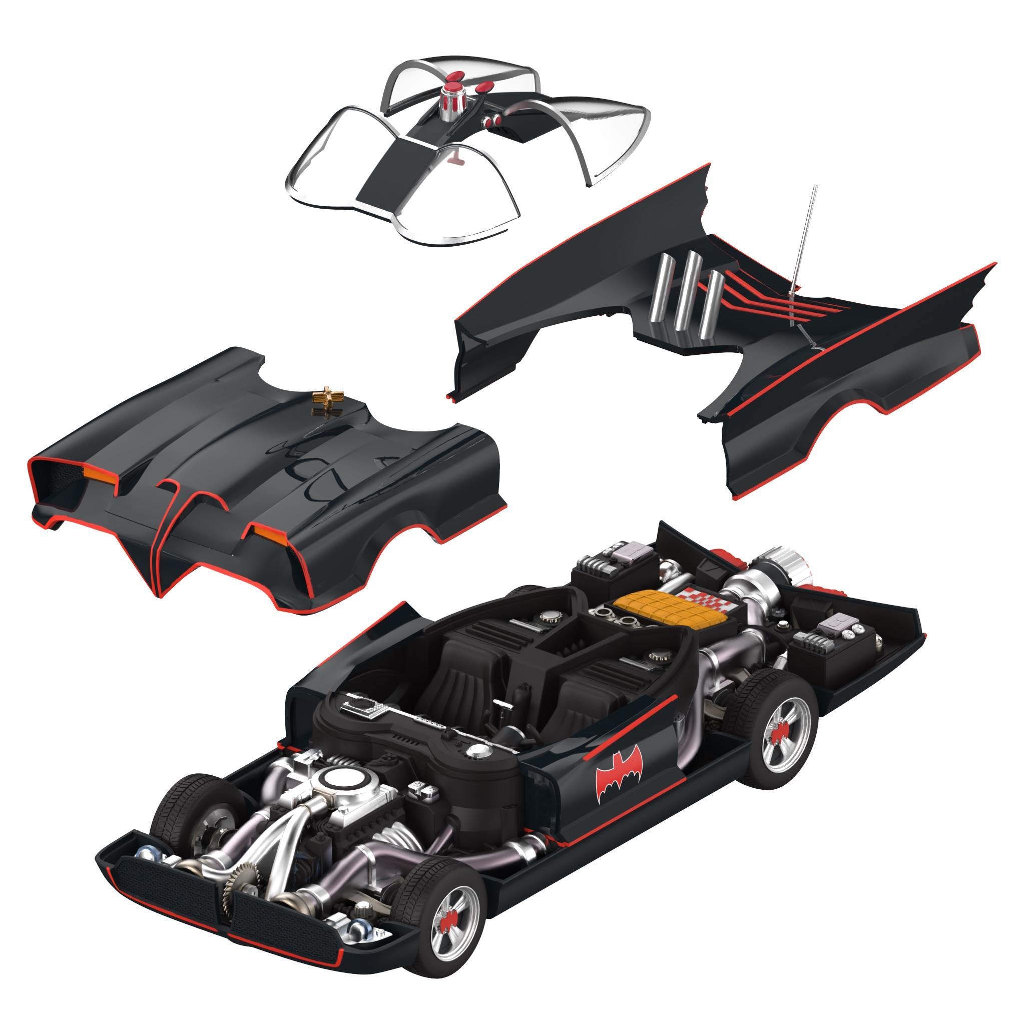 Disassembled Batman Super Cyborg Batmobile parts with open cockpit frame