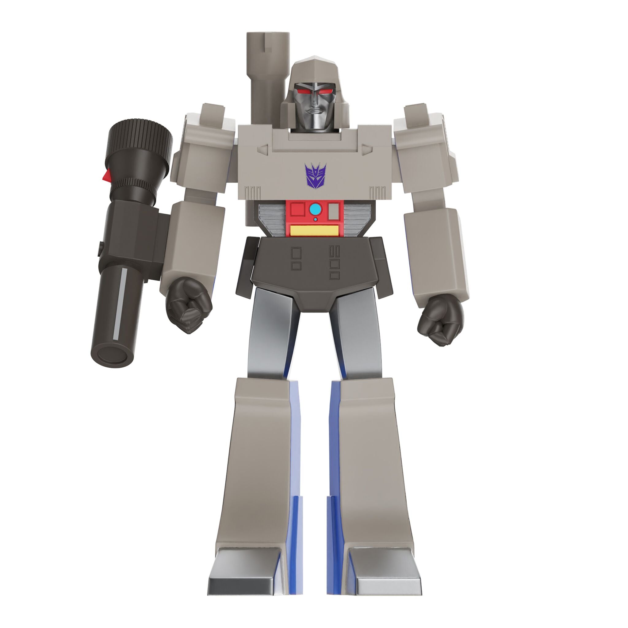 Front view of Megatron transformer figure showing gray torso and legs with purple Decepticon emblem on the chest