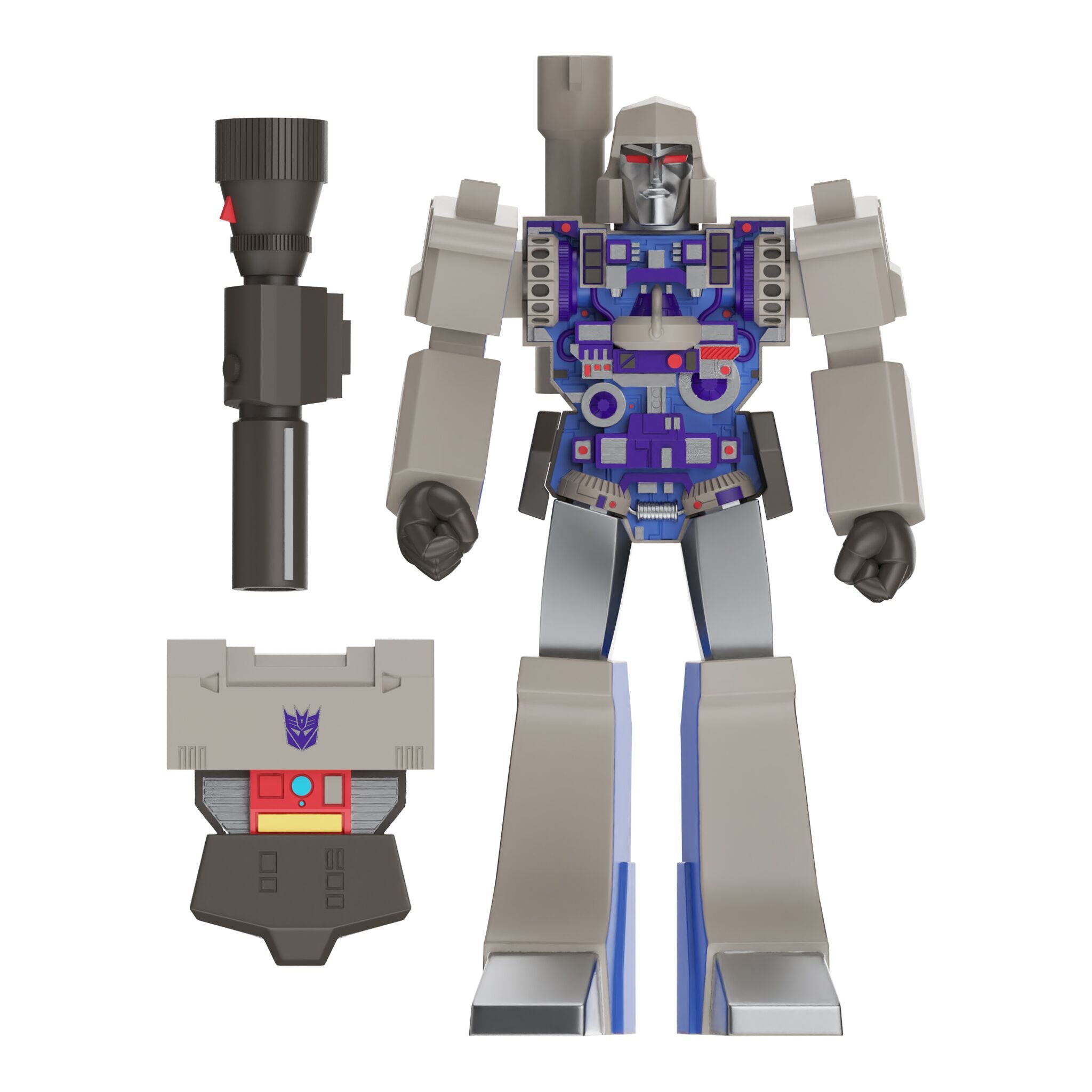 Megatron action figure with chest open revealing inner workings, next to a blaster and a chest plate