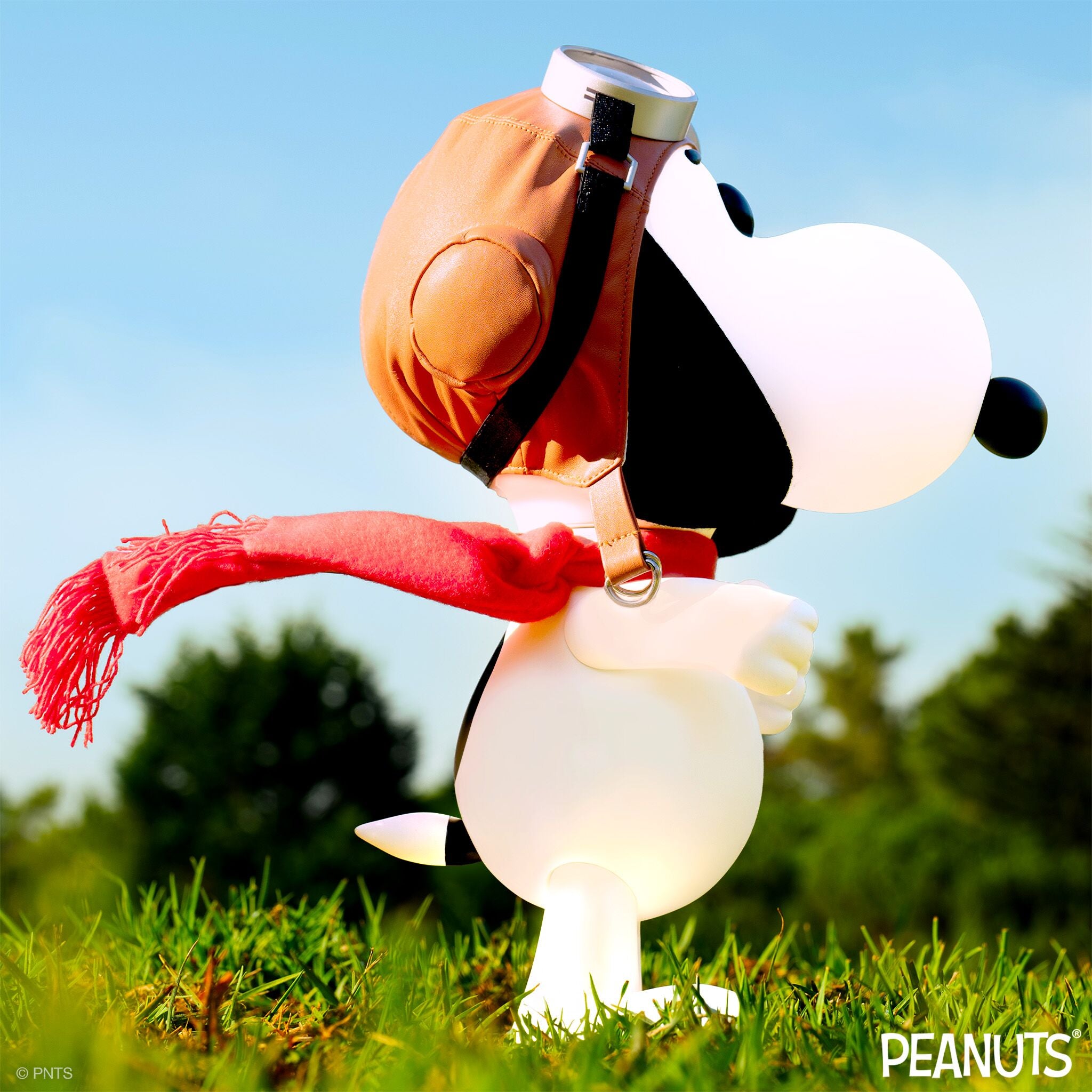 Snoopy head from the Flying Ace figure wearing orange aviator helmet and silver goggles against a blue sky.