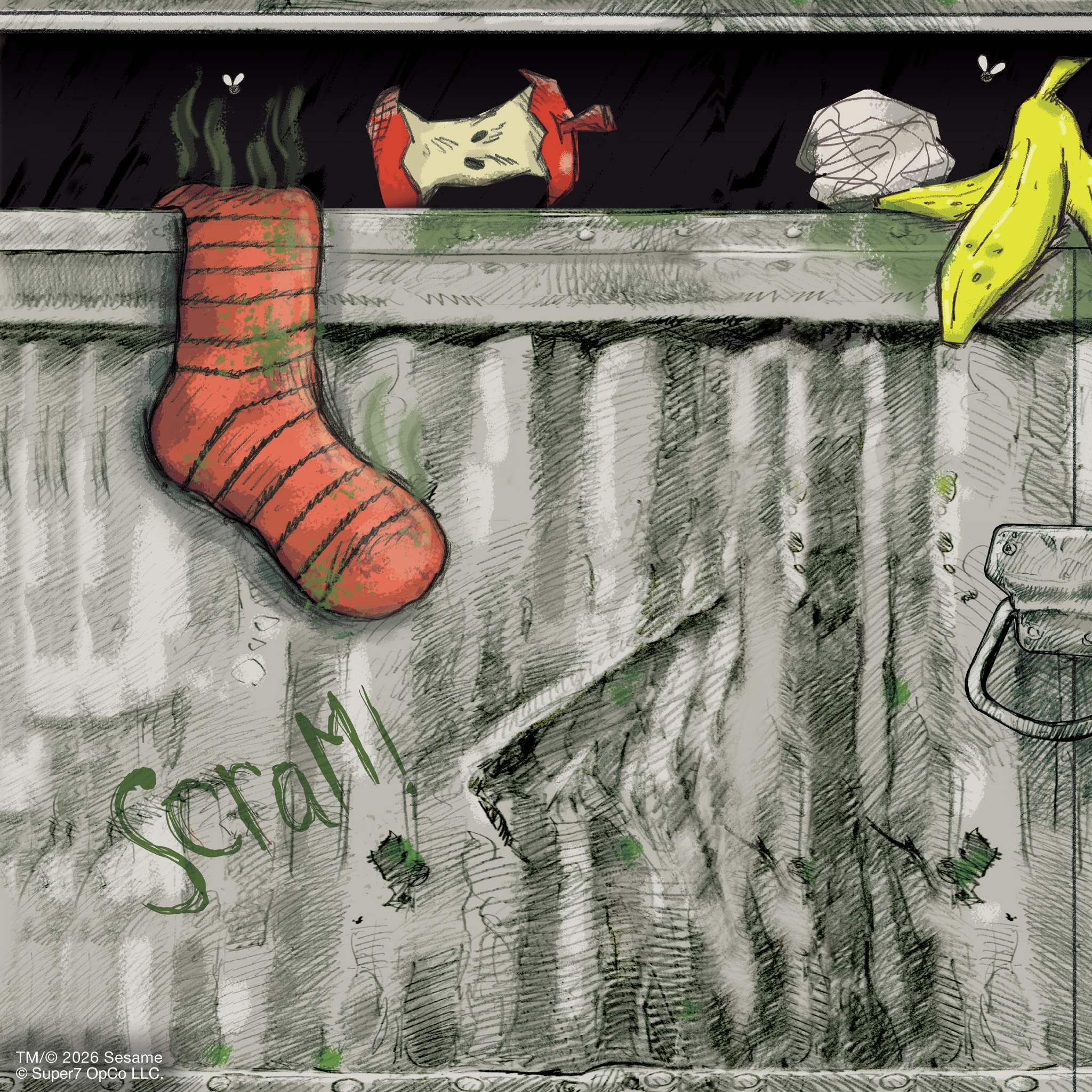 Sesame Street SuperSize Vinyl Orange Oscar The Grouch in a trash can with a banana peel and apple core