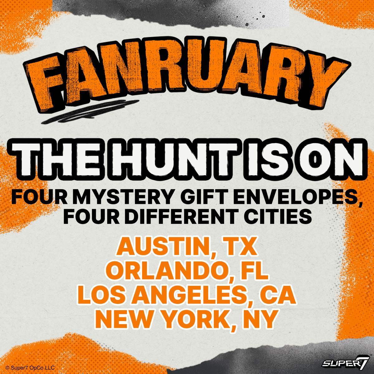 Fanruary The Hunt Is On graphic with four mystery gift envelopes in Austin, Orlando, Los Angeles, New York