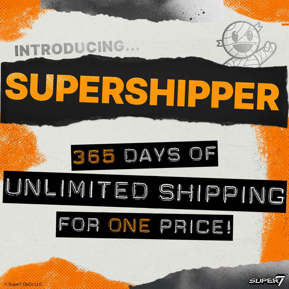 1 Year Free Shipping Membership graphic with SuperShipper text and a mummy character