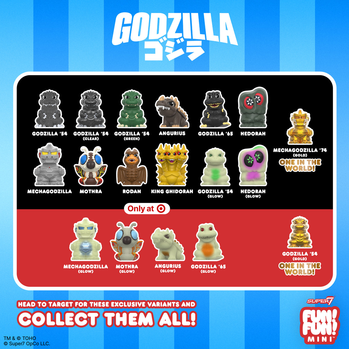 Toho Fun Fun Mini Wave 01 blind box display showing a lineup of Godzilla figures against a blue striped backdrop.