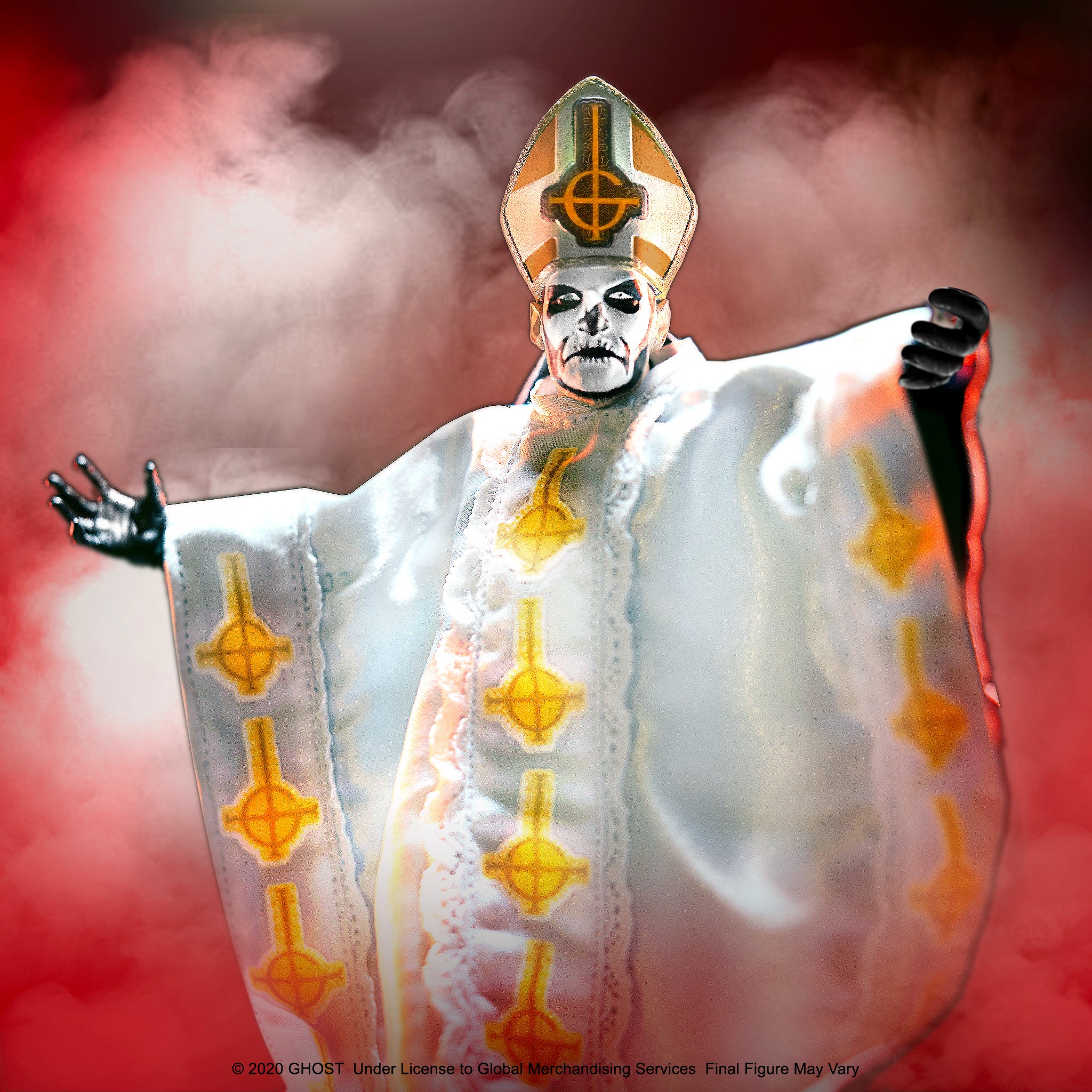 Ghost Papa Emeritus IV action figure in white and gold papal vestments with arms outstretched