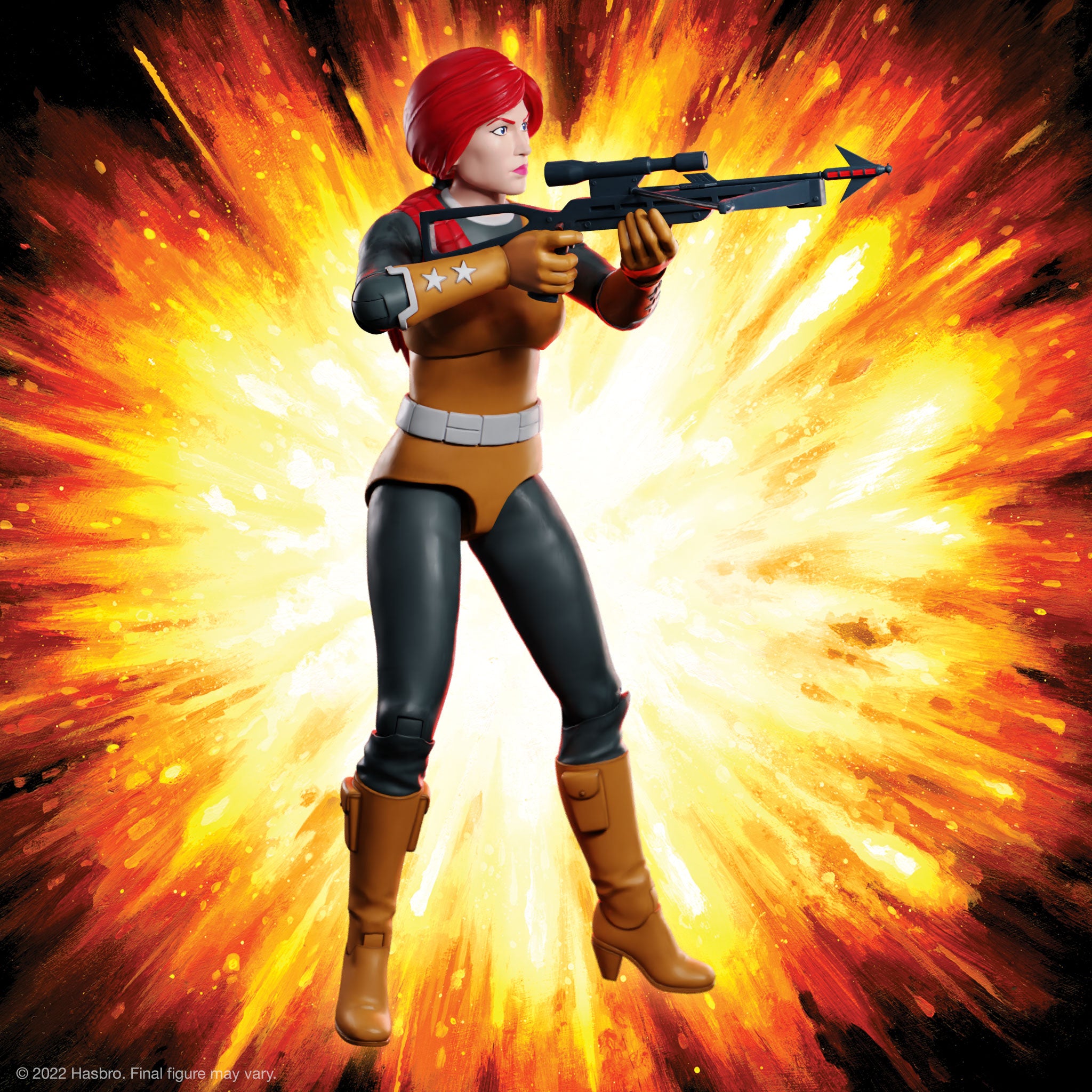 Scarlett action figure with red hair, black and tan uniform, holding a crossbow, against an explosion background