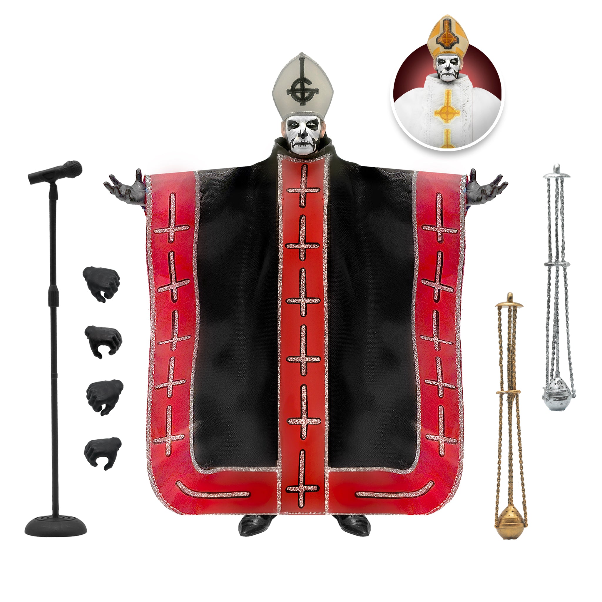 Ghost ULTIMATES! Wave 1 Figure Papa Emeritus I with interchangeable heads, hands, microphone, and thuribles