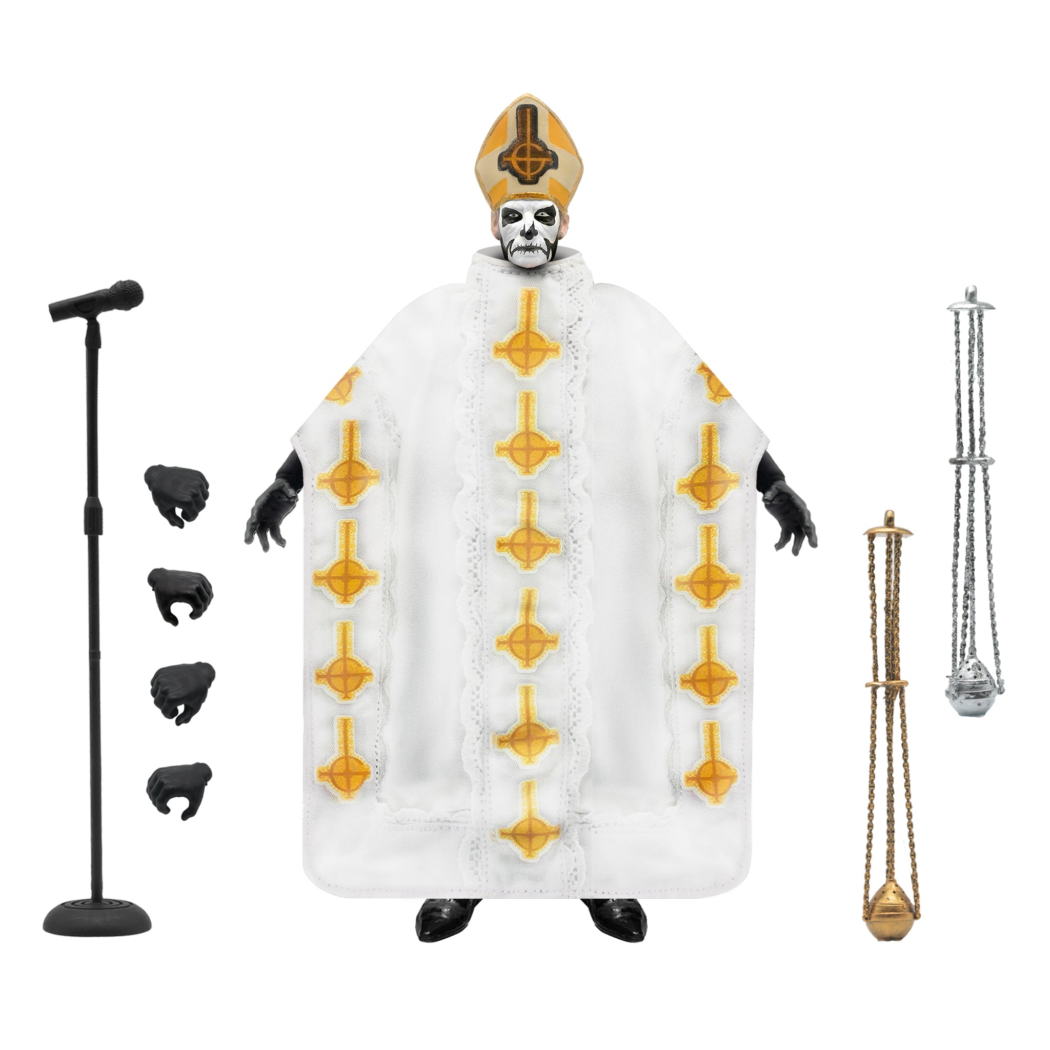Ghost ULTIMATES! Wave 1 Figure of Papa Emeritus I with microphone, interchangeable hands, and two censers