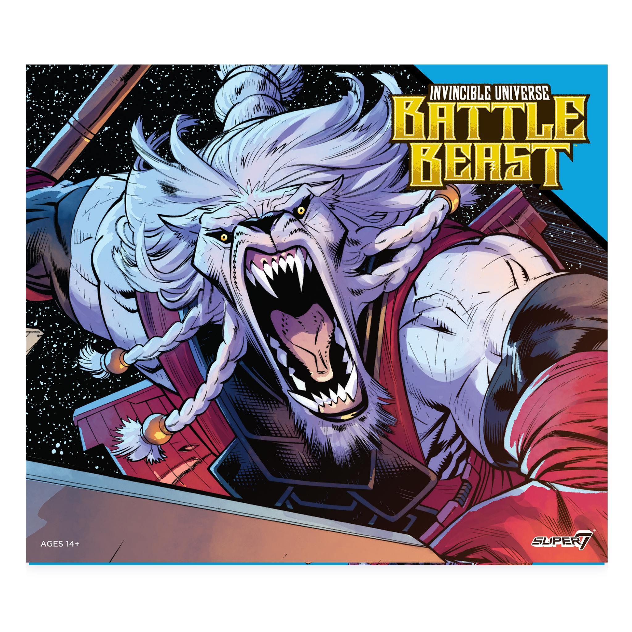 Dynamic comic cover featuring a snarling battle wolf and the Invincible Universe Battle Beast title in gold