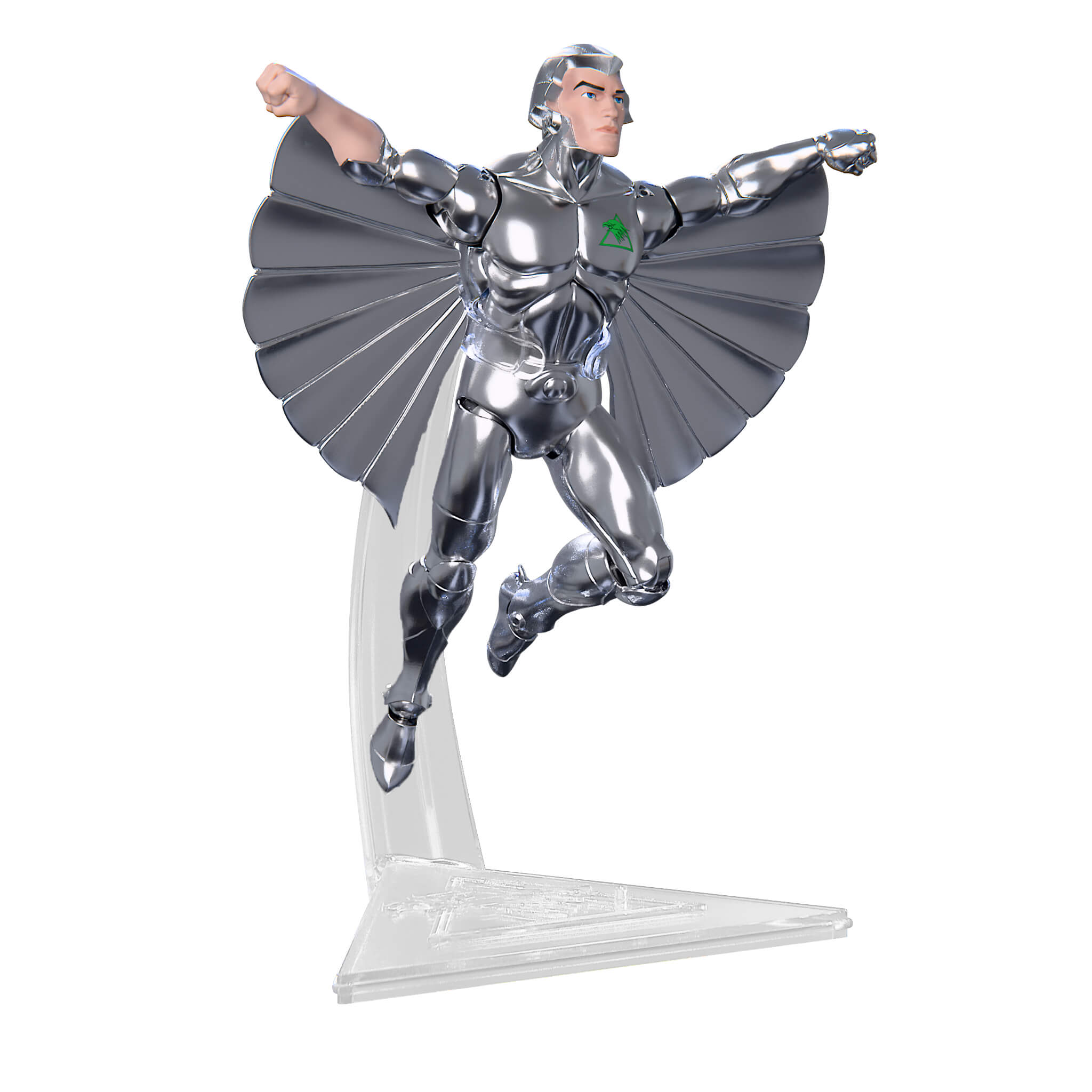 Close up of the silver display stand top for SilverHawks ULTIMATES Wave 08 against a white background