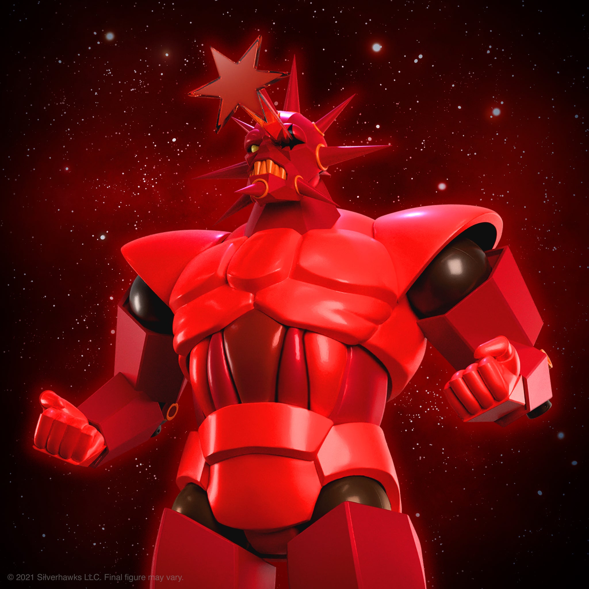 Red robot with spikes on its head and a star above it, against a starry red background