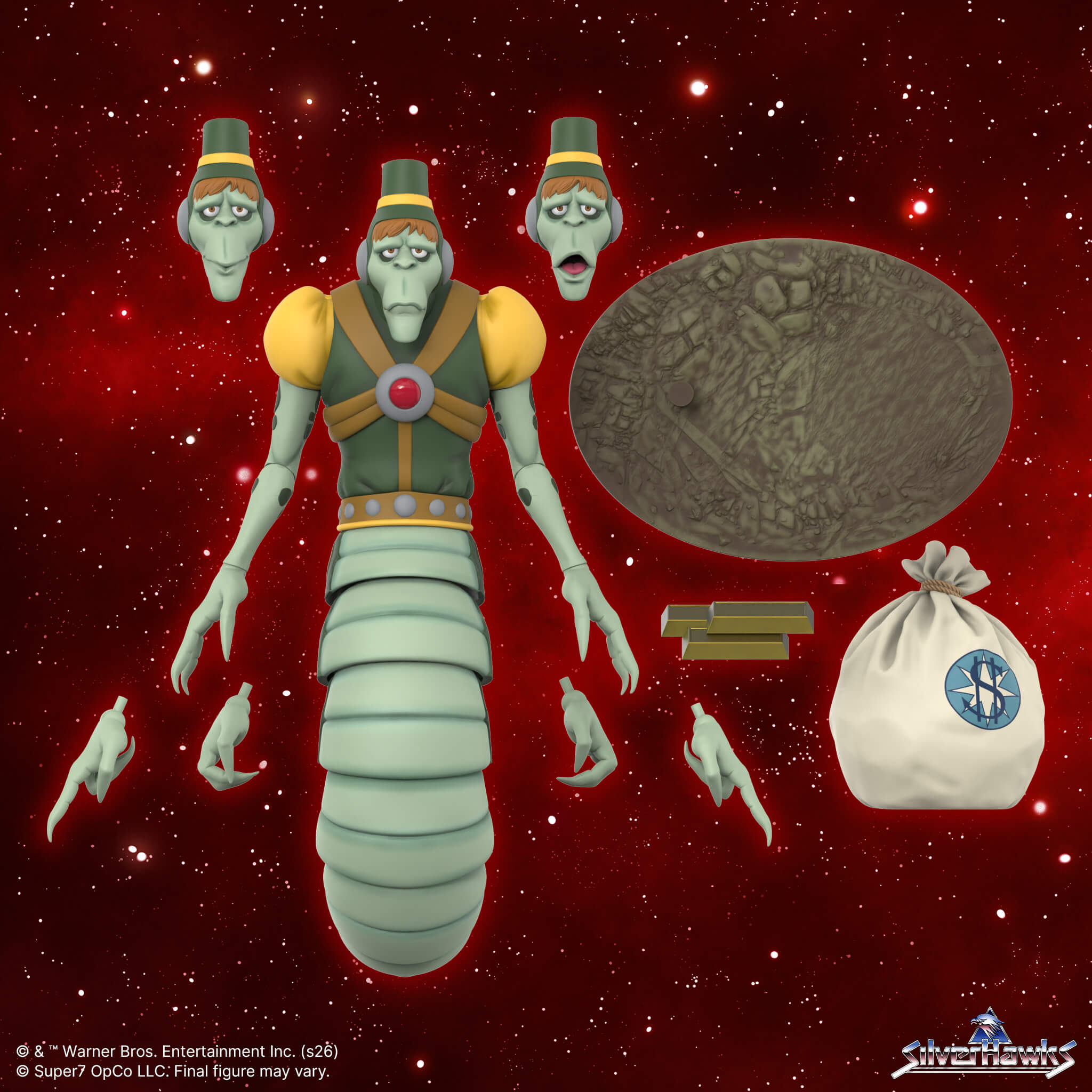 Three SilverHawks ULTIMATES figures Copper Kidd Yes-Man and Poker-Face with golden capes against a red space backdrop and planet
