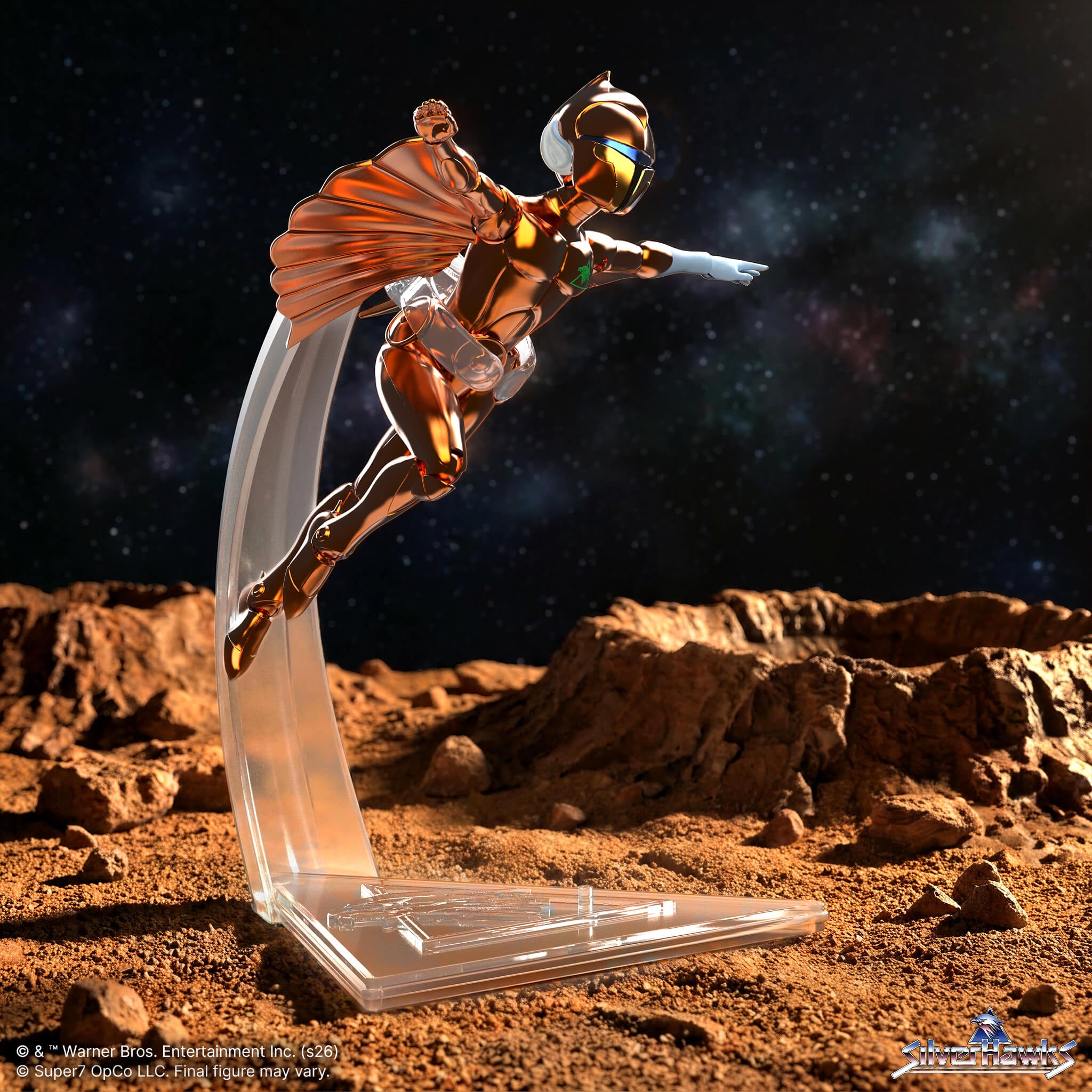 Bronze metallic SilverHawks ULTIMATES Wave 08 figure in dynamic flight pose on a clear display stand above rocky terrain