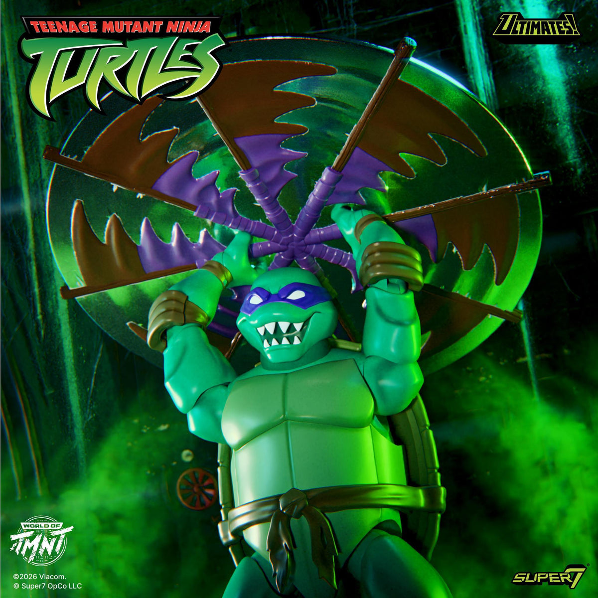 Nightmare Turtles ULTIMATES Wave 16 Michelangelo Leonardo Donatello and Raphael against a green backdrop with a spiked wheel.