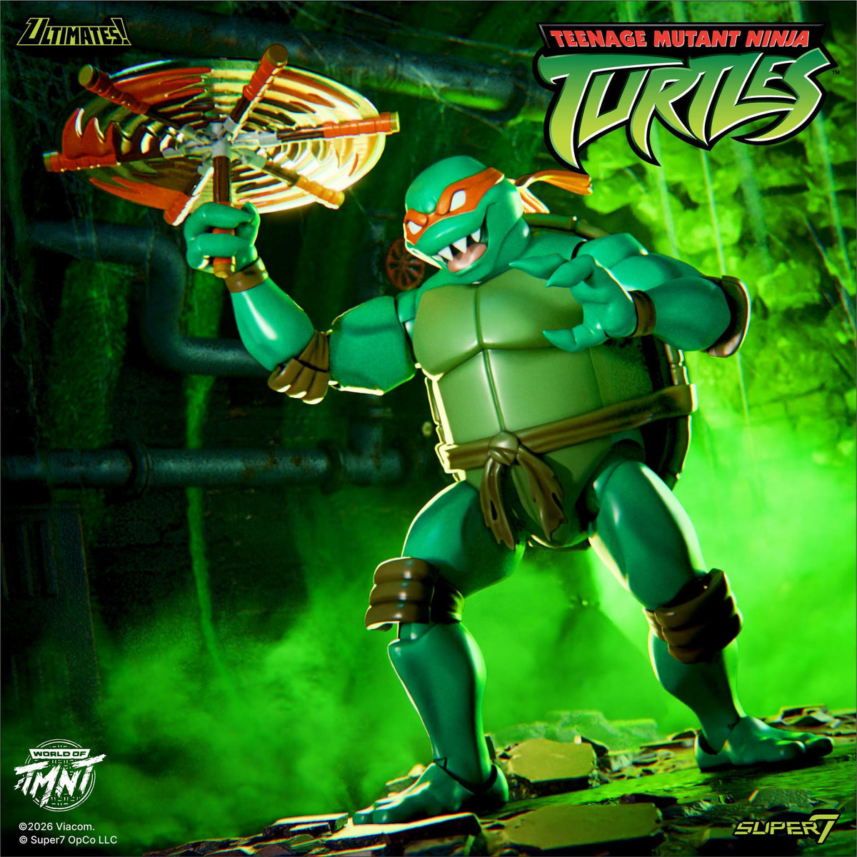 TMNT ULTIMATES Nightmare Turtles wave 16 four figures Michelangelo Leonardo Donatello and Raphael posed with weapons on a green backdrop