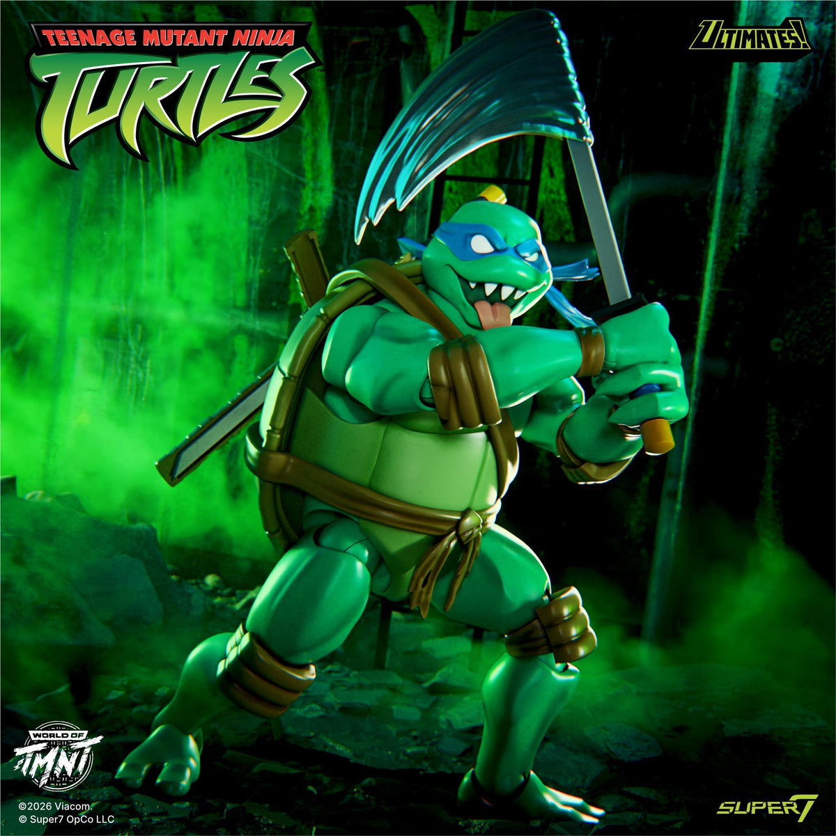 Nightmare Turtles Wave 16 four TMNT Ultimates figures against a green backdrop with logos