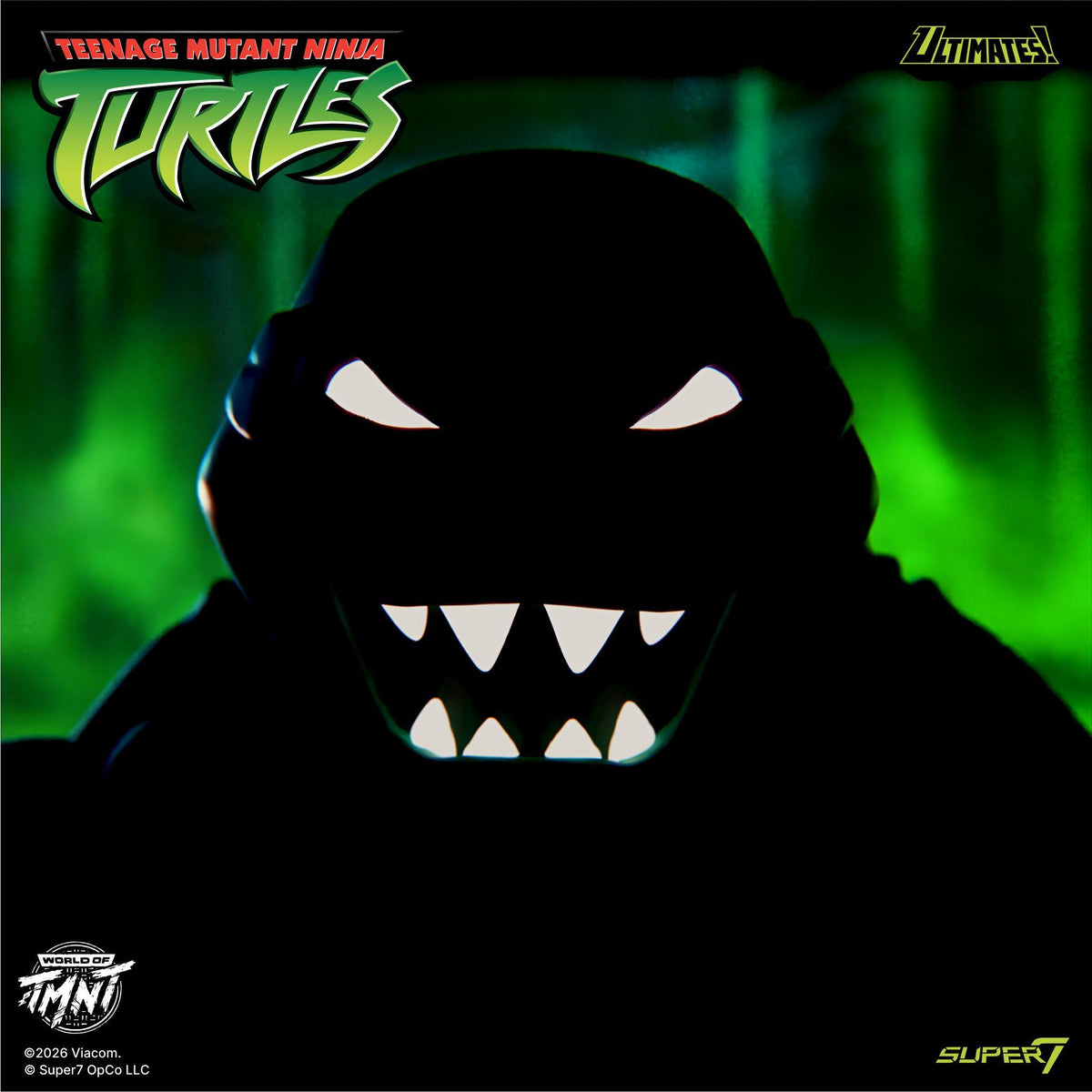 Dark silhouette of a menacing figure against a green glow with TMNT Ultimates Nightmare branding