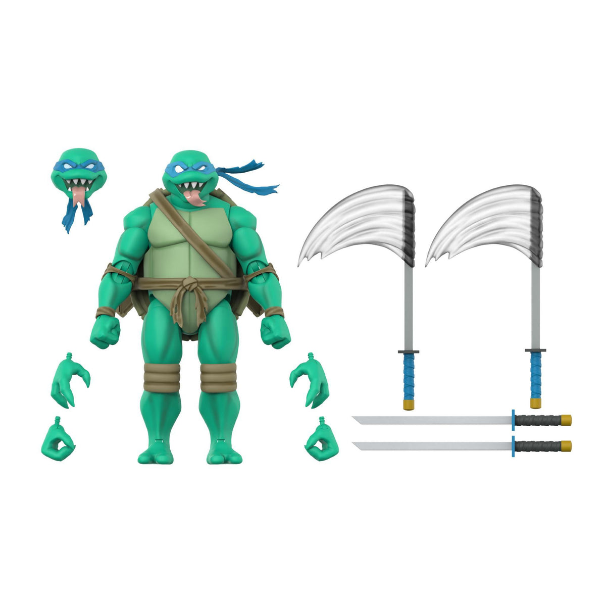 Michelangelo Nightmare Turtle figure with swords and accessories arranged for product photo on white backdrop