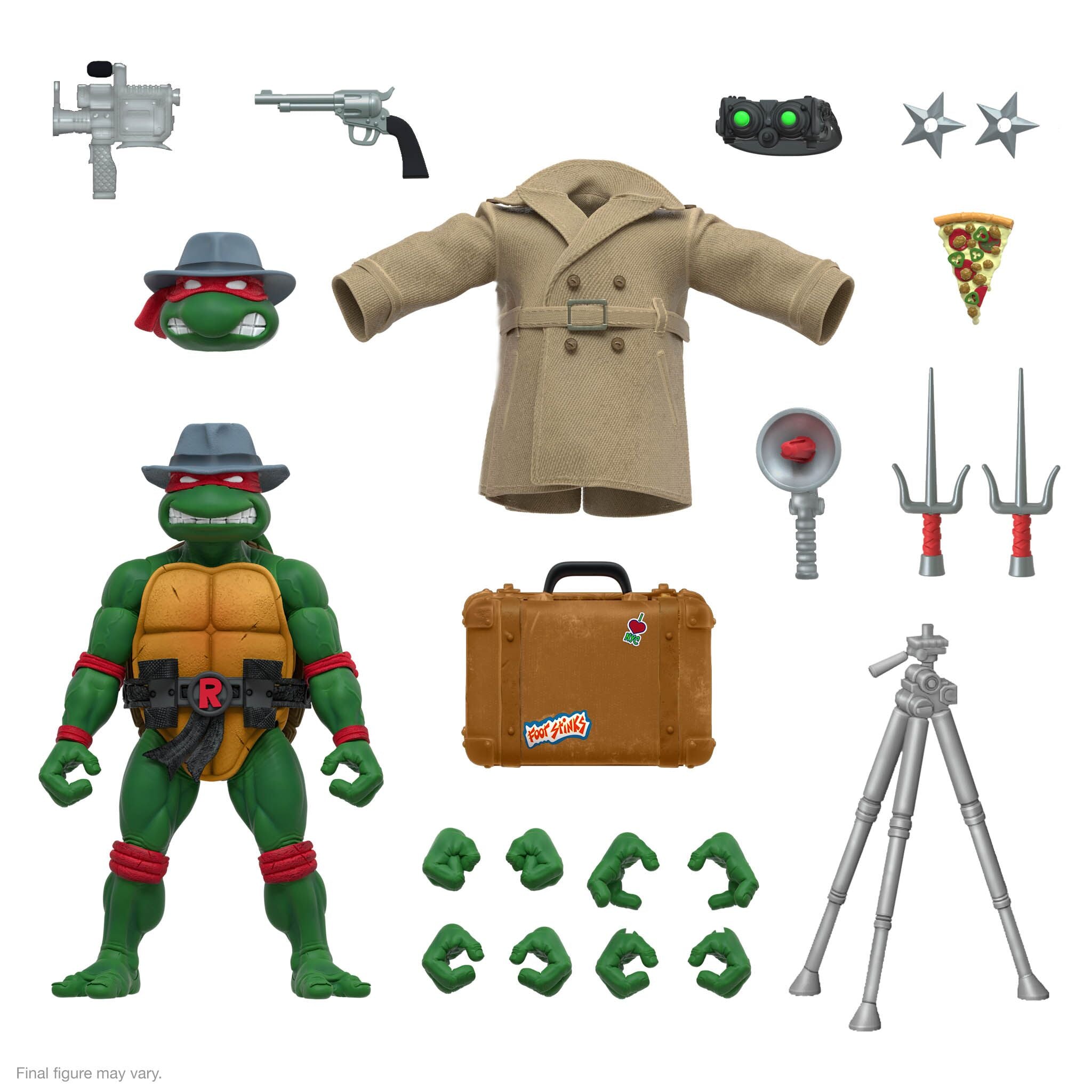 Raphael undercover accessory set with guns night vision goggles two shuriken pizza slice and trench coat on white background