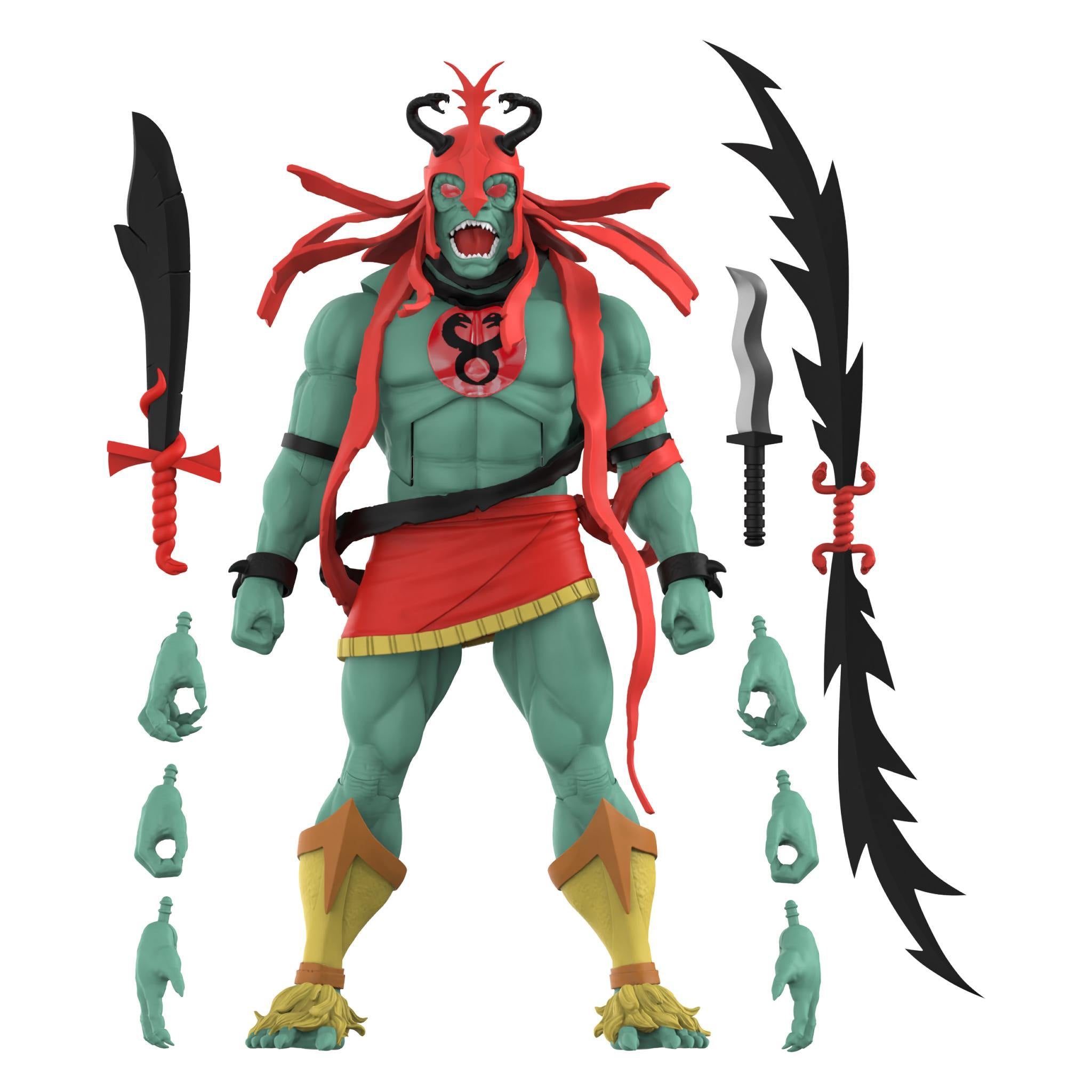 Front view of Mumm-Ra the Ever Living toy color figure with accessories