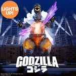 Toho ULTIMATES Final Battle Godzilla LED Lightup figure with an orange Lights Up circle against a city backdrop