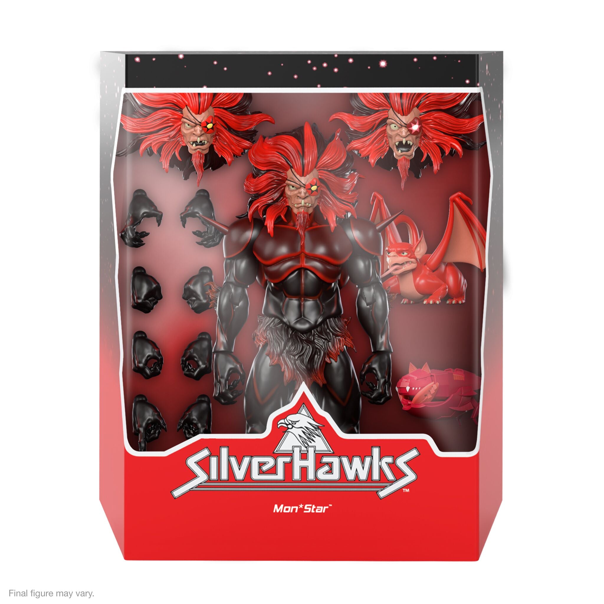 SilverHawks Mon*Star action figure in packaging with interchangeable heads, hands, and a red dragon figure