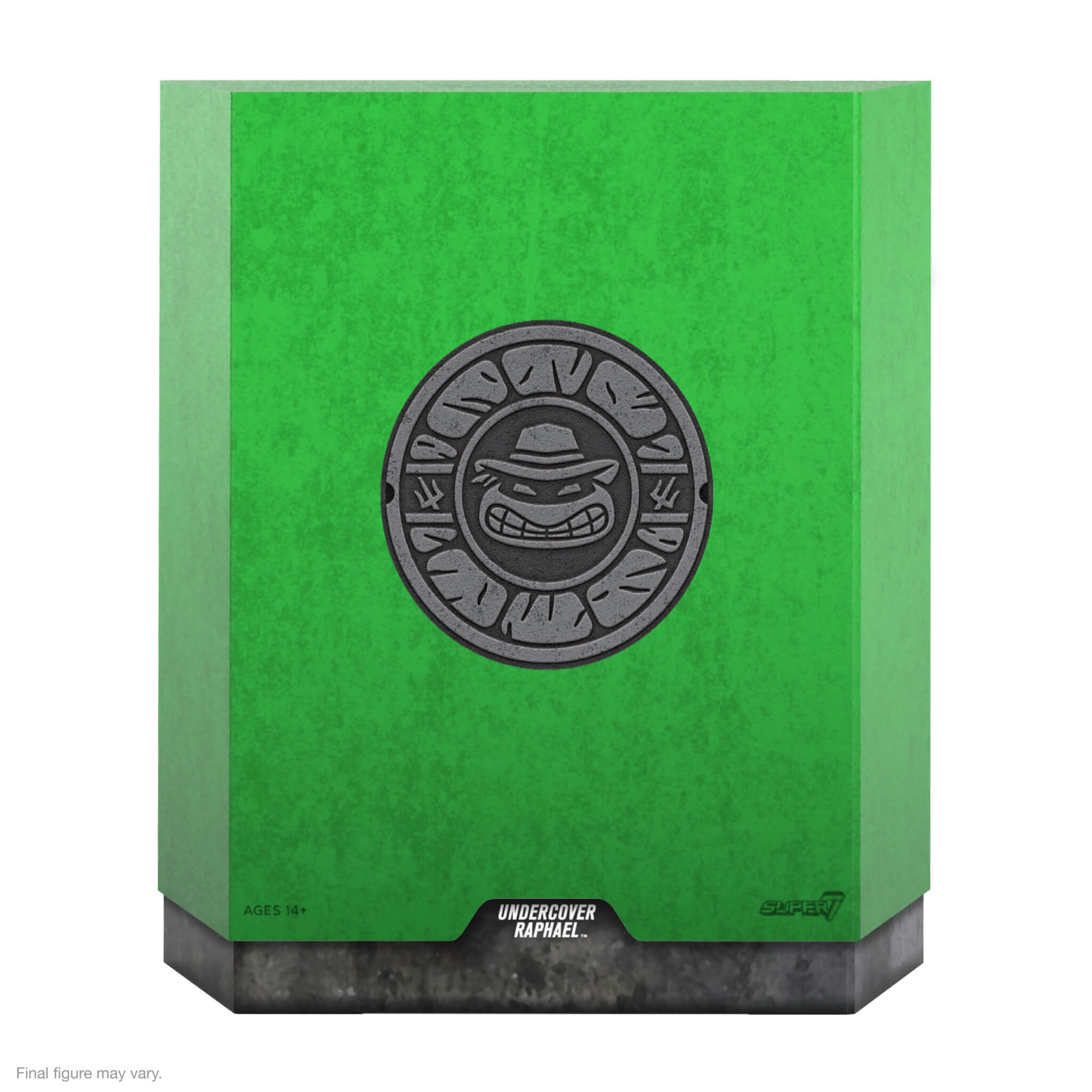 Green packaging box for Undercover Raphael from TMNT ULTIMATES Wave 1 with emblem and logo