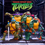 TMNT Ultimates Wave 12 Michelangelo Leonardo Donatello and Raphael posed in front of a large Teenage Mutant Ninja Turtles logo backdrop.