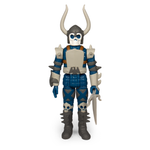 Blue armored skeleton warrior action figure with horned helmet in blister packaging.