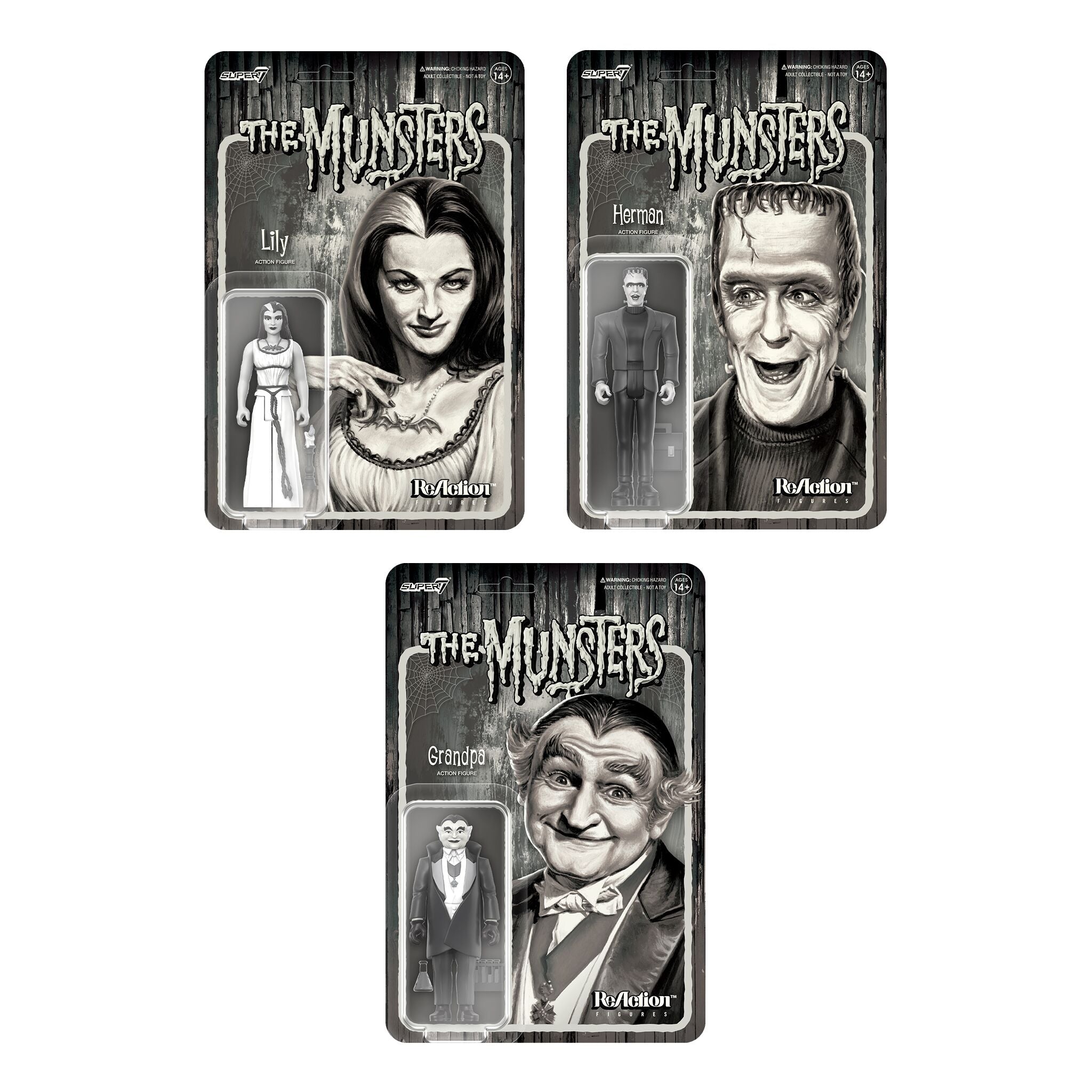 Munsters ReAction Figures Wave 2 Grayscale Set of 3