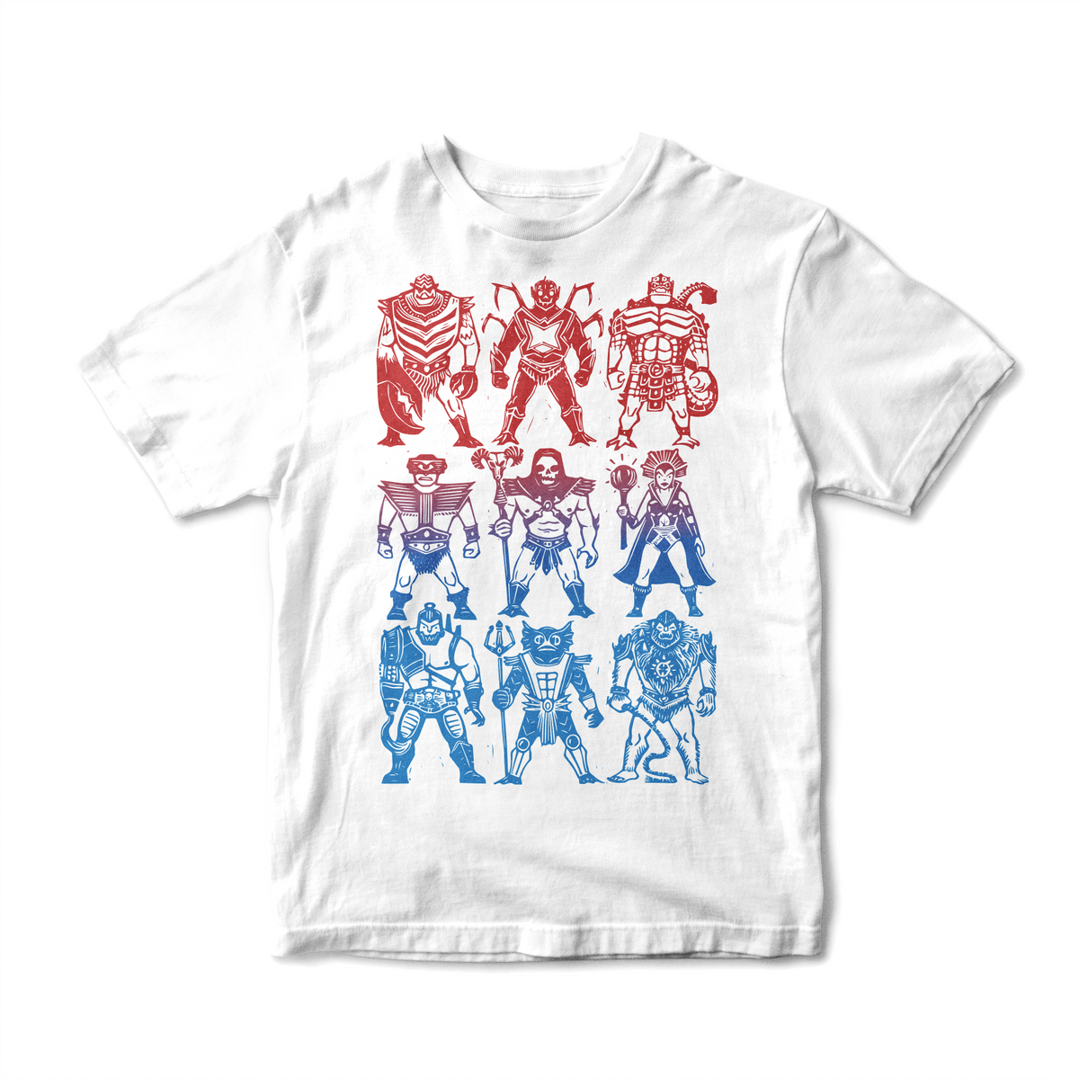 Masters of the Universe white T shirt featuring a red and blue lineup of classic characters including Skeletor