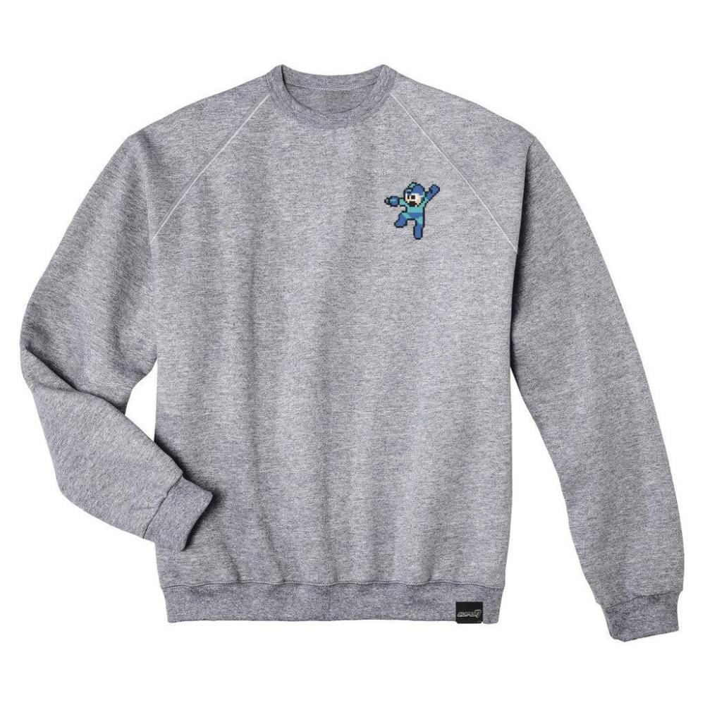 Gray crewneck sweatshirt with a small pixel Mega Man graphic on the chest