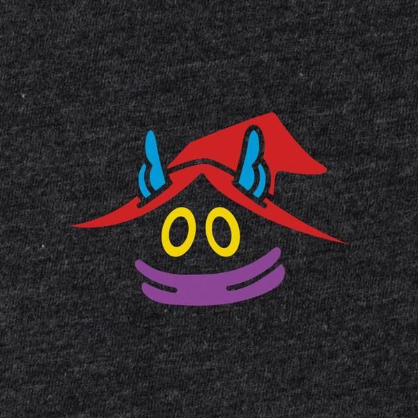 Close-up of a bright Orko face graphic on dark heather sweatshirt fabric.