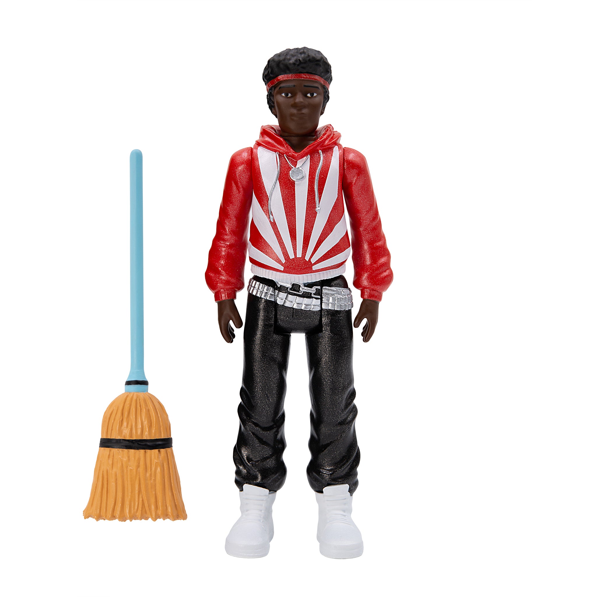 Breakin ReAction figure in red white sunburst hoodie with black pants beside a light blue prop