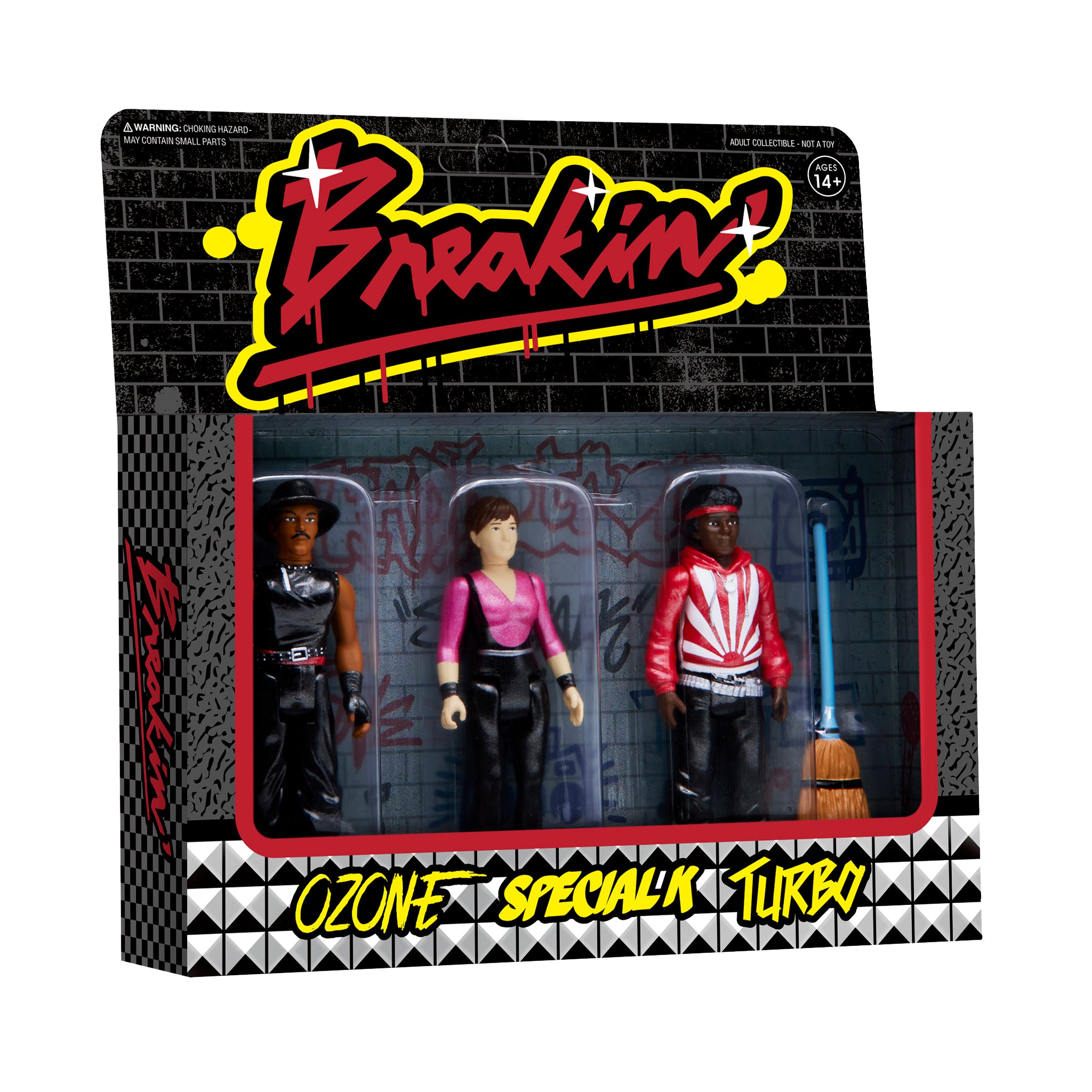 Three Breakin ReAction figures in blister packaging with a graffiti logo