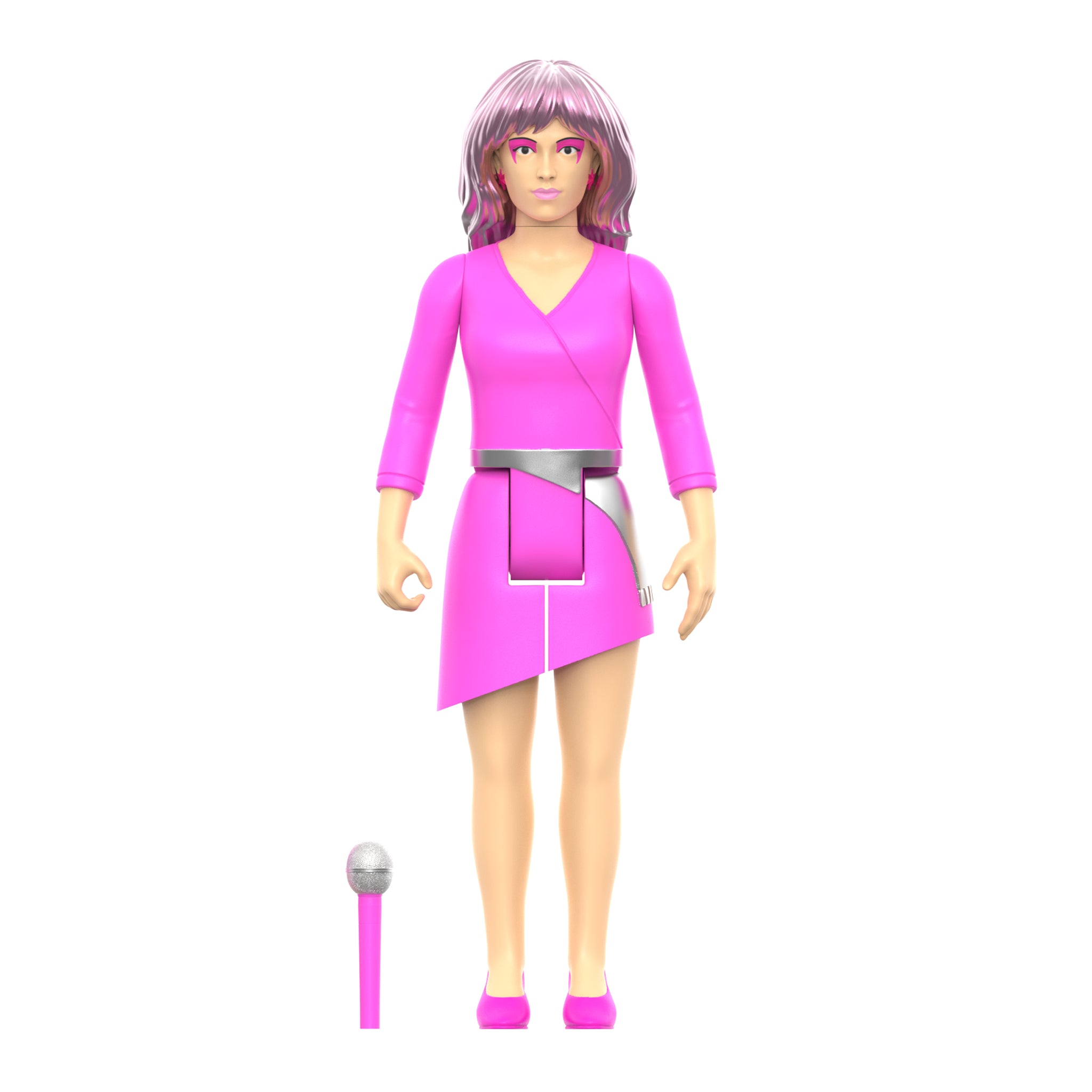 Jem Neon figure from ReAction W2 in a pink outfit with microphone accessory shown in retro packaging