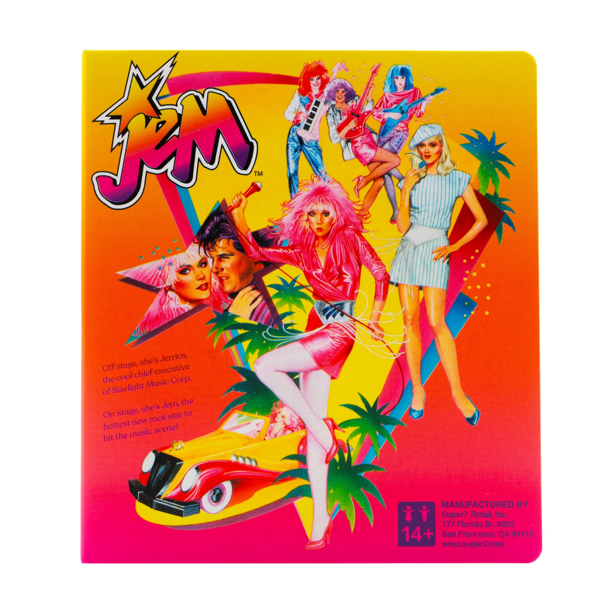 Neon yellow Jem ReAction retro box art with a window showing the figure and colorful band artwork