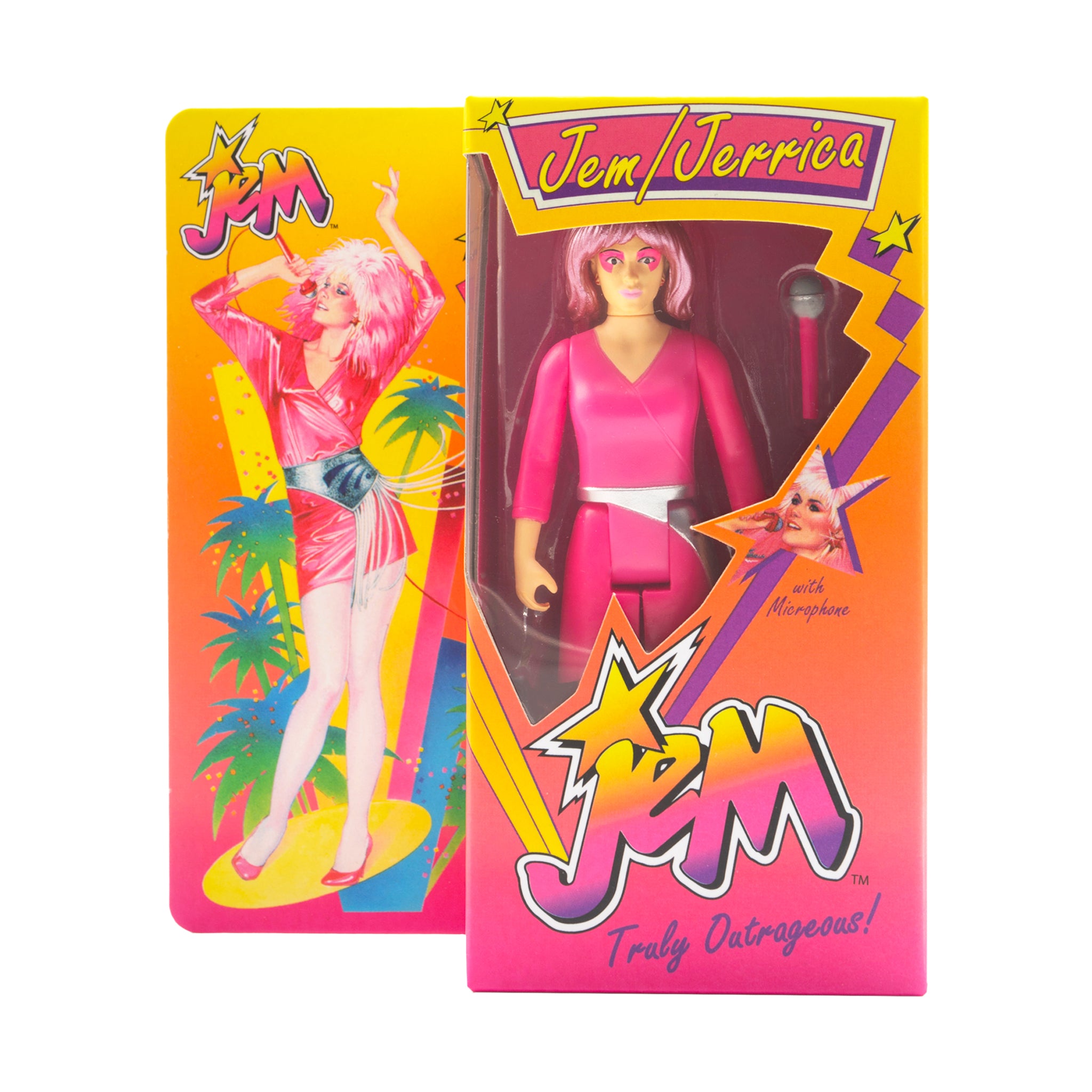 Jem and the Holograms Neon ReAction packaging with window displaying a pink outfits figure against bright retro artwork