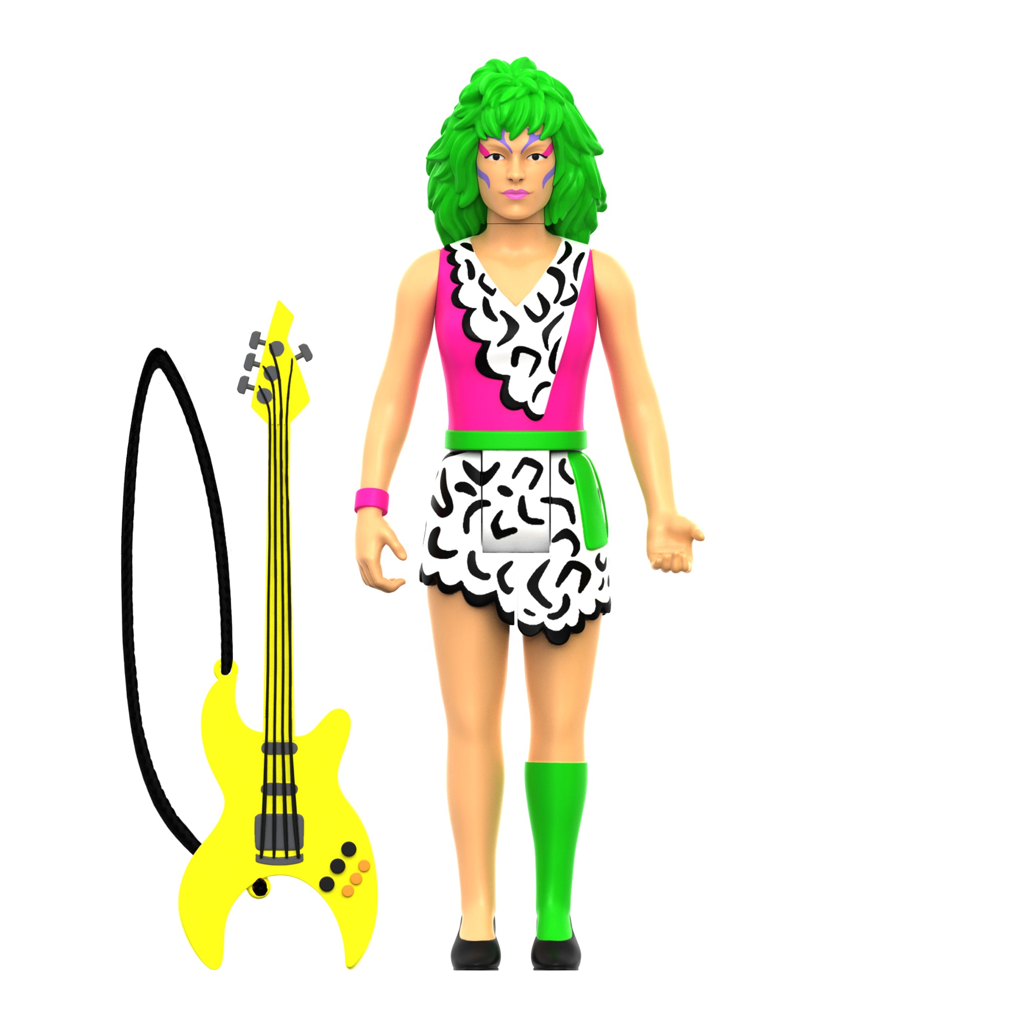 Pizzazz action figure with neon green hair in a pink zebra print dress stands beside a yellow guitar.