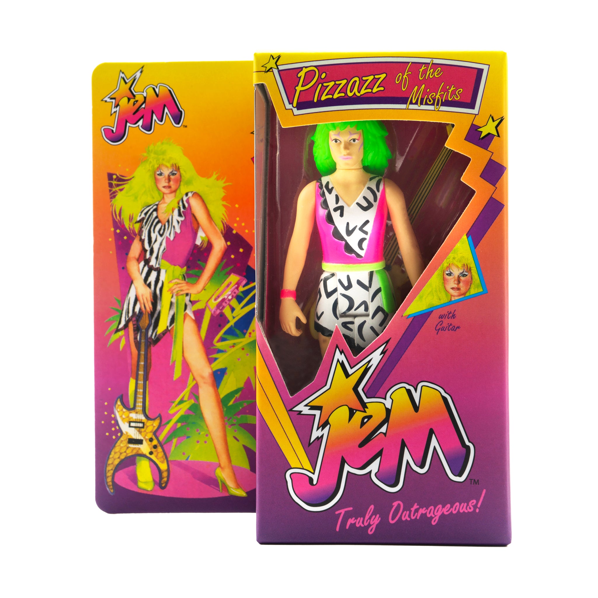 Pizzazz Neon figure in a Jem and the Holograms ReAction Retro Box with a window display and bright packaging.