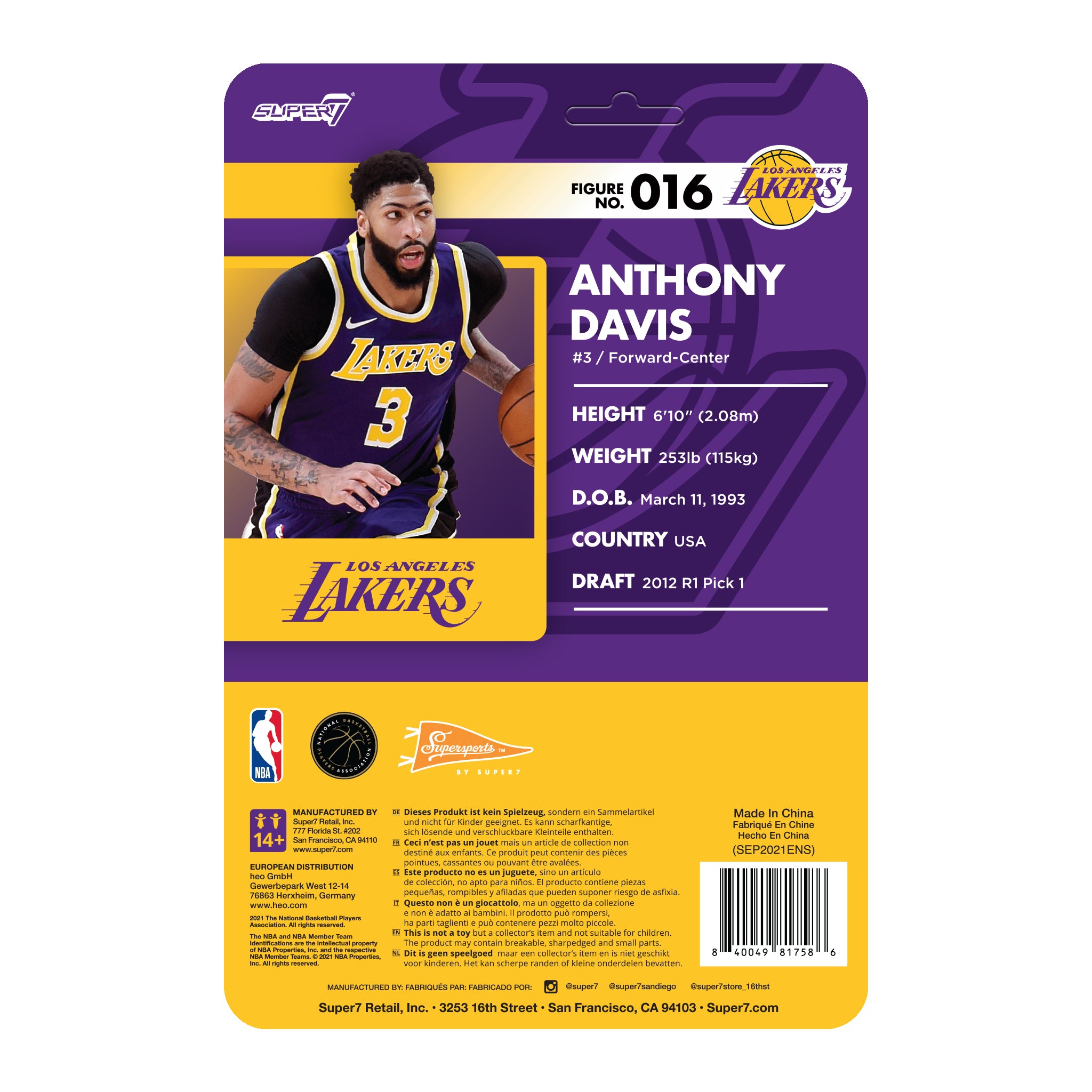 Back of the purple Lakers Supersports packaging detailing Anthony Davis figure number 016 and stats